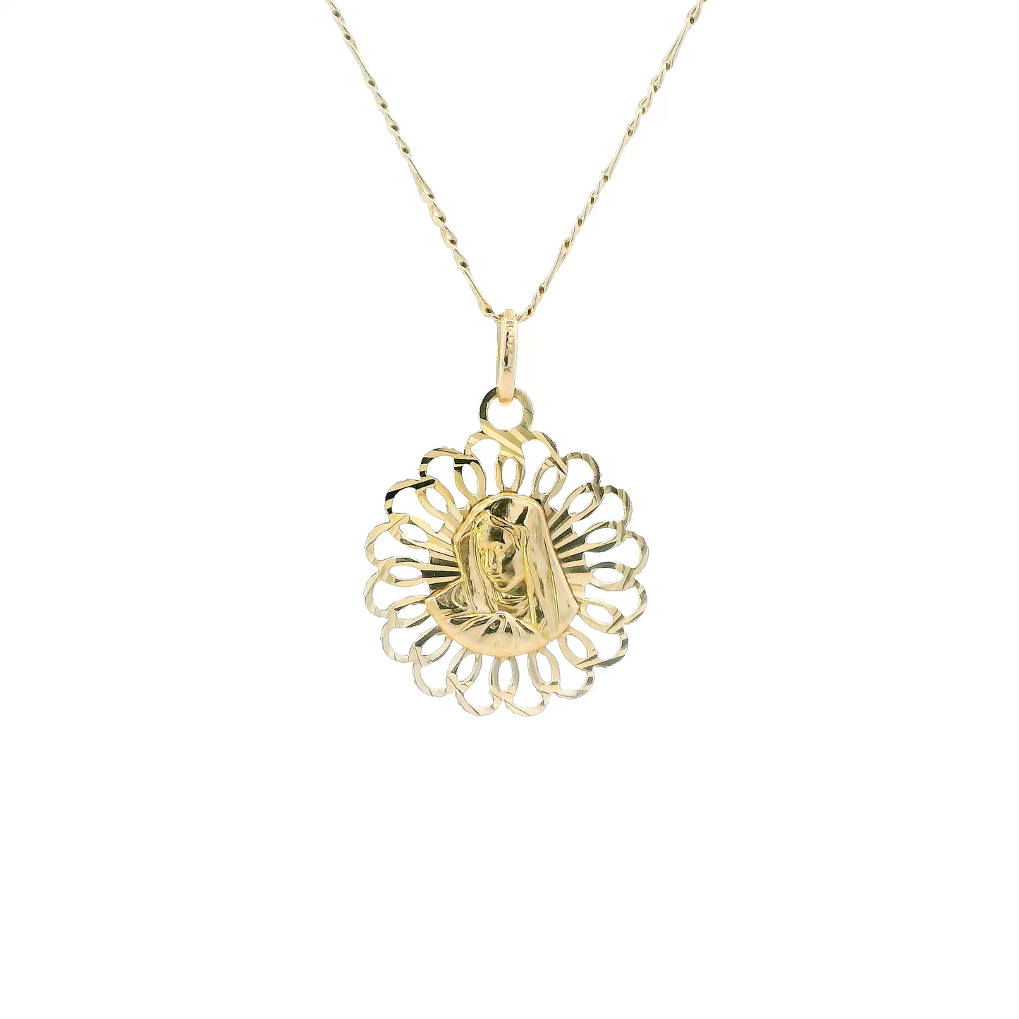 14K Yellow Gold 18.5" Figaro Chain & Double Sided Religious Figures Sunburst Pendant