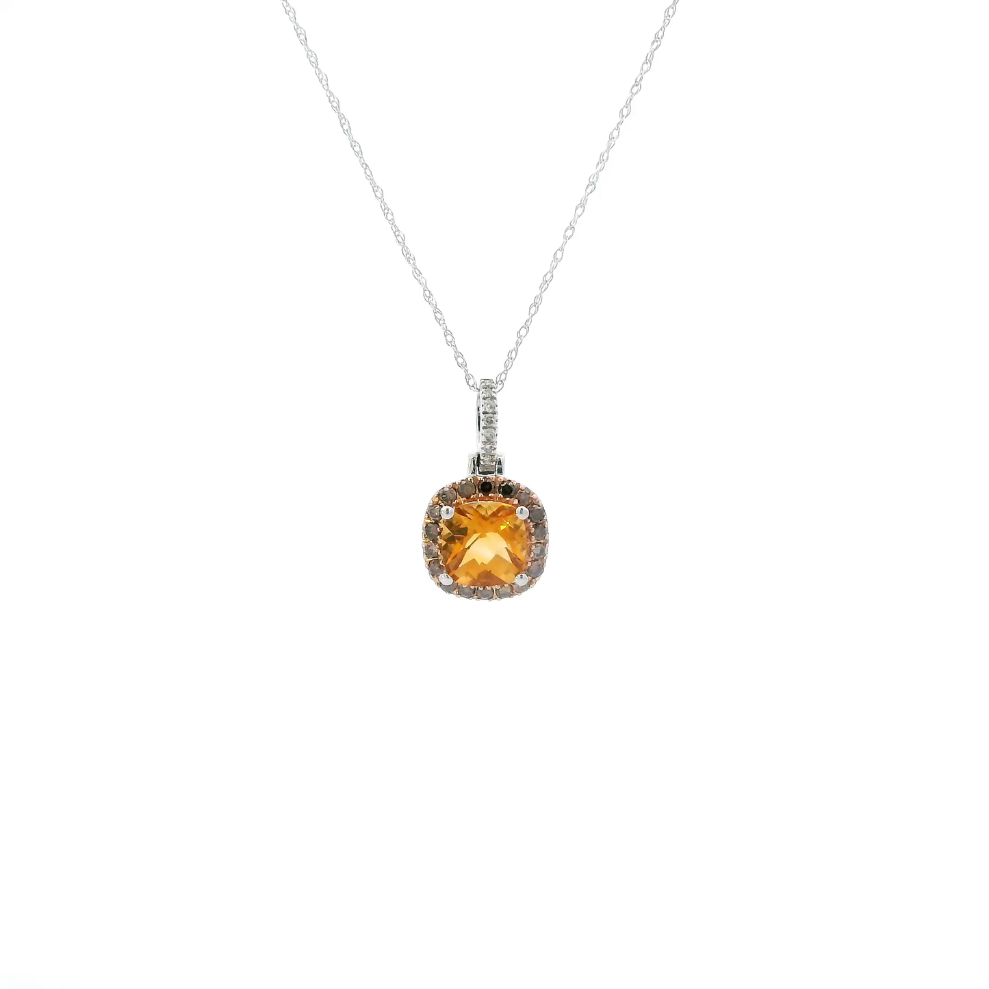10K White Gold Citrine & Brown Diamond Pendant & 18" Rope Chain - 0.25ct