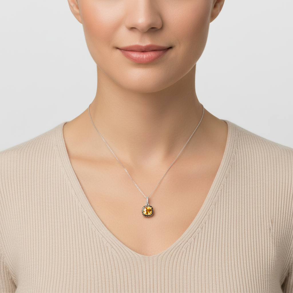 10K White Gold Citrine & Brown Diamond Pendant & 18