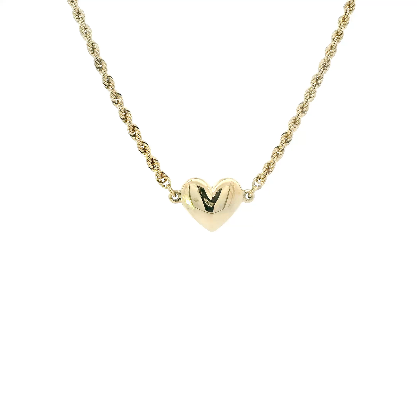 14K Yellow Gold Puff Heart Rope Link Necklace