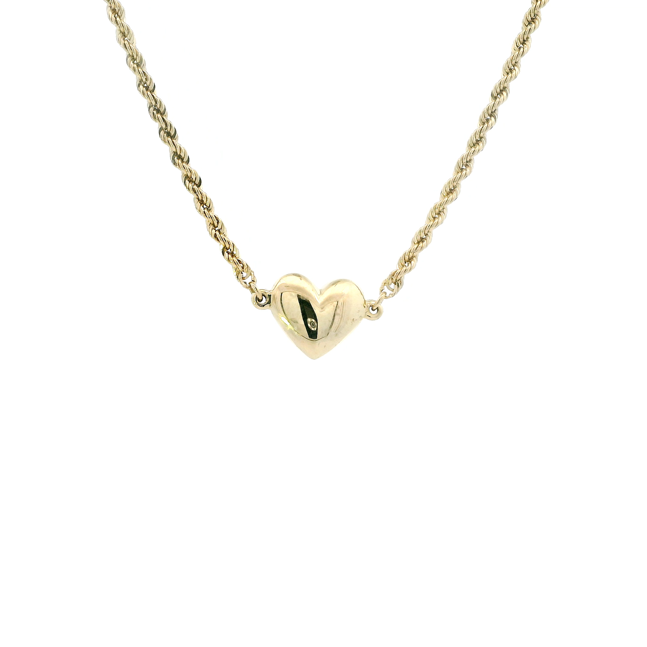 14K Yellow Gold Puff Heart Rope Link Necklace