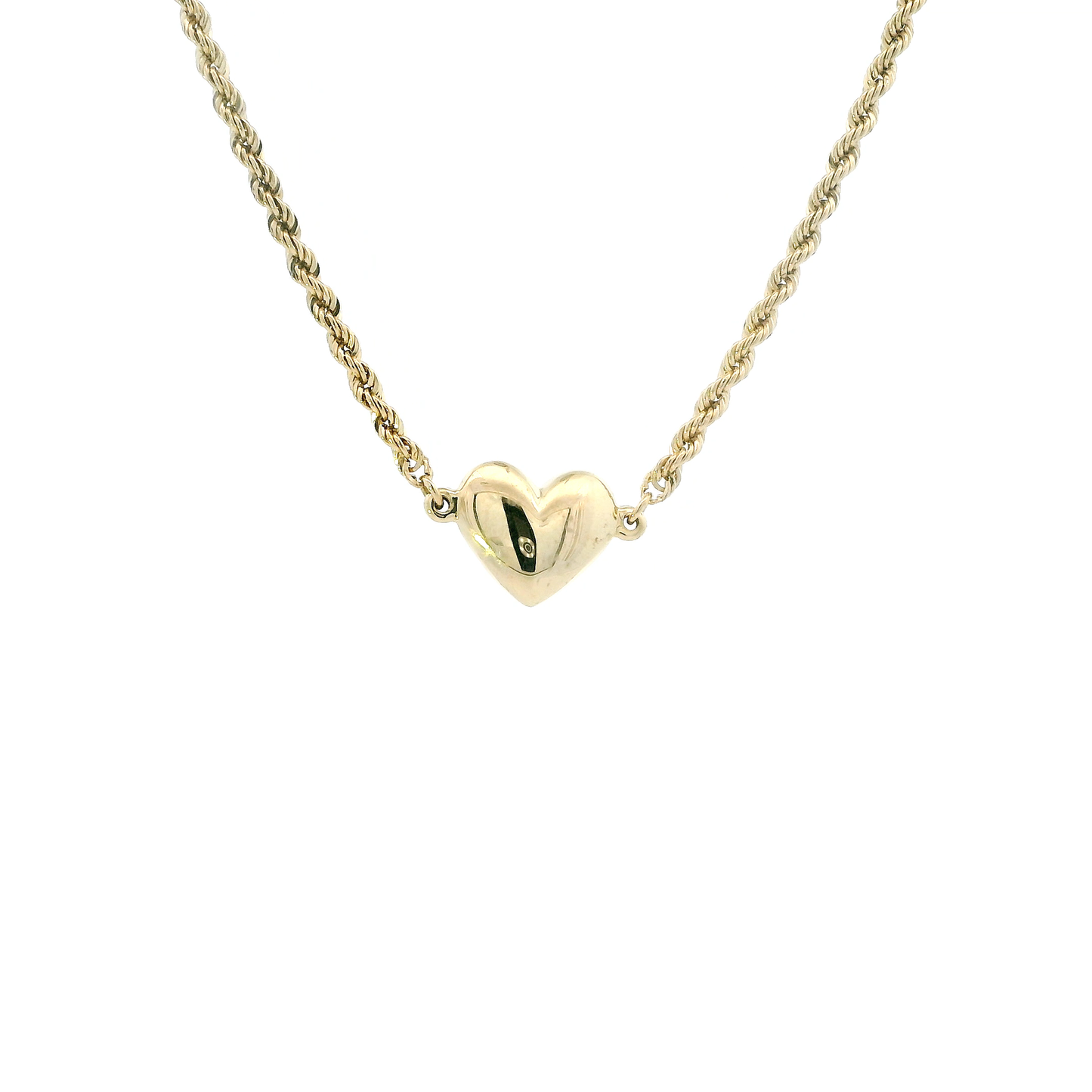 14K Yellow Gold Puff Heart Rope Link Necklace