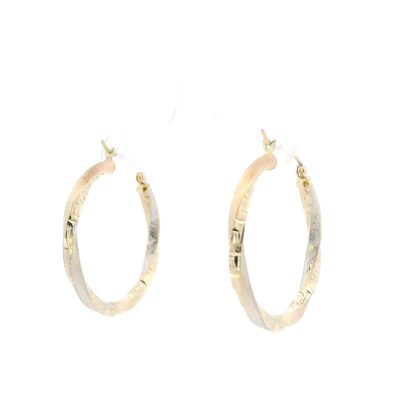 14K Tri Color Gold Diamond Cut Greek Twisted Hoop Earrings