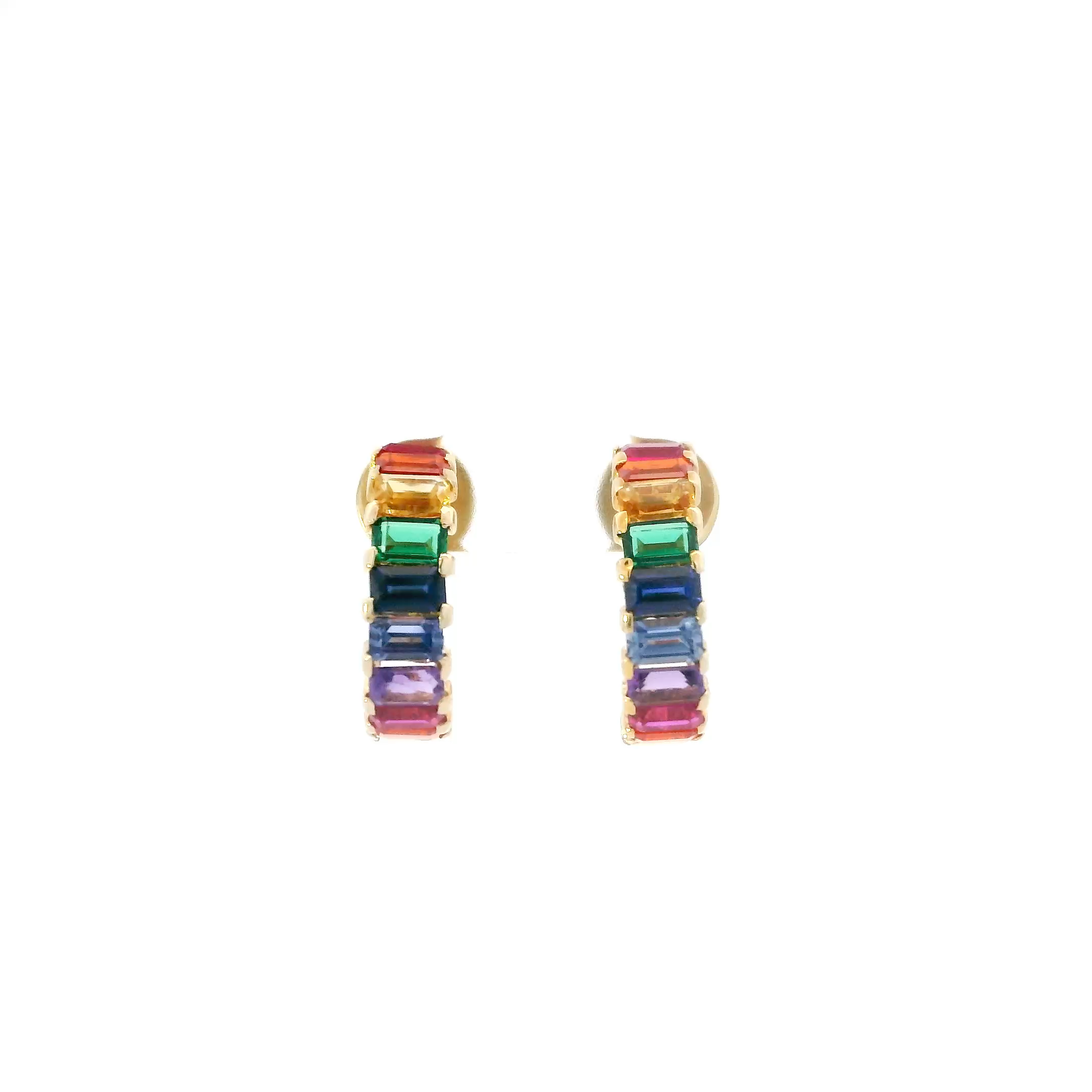 14K Yellow Gold Multi Color Stones Half Hoop Earrings
