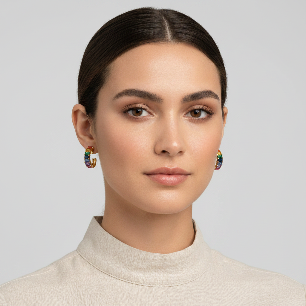 14K Yellow Gold Multi Color Stones Half Hoop Earrings