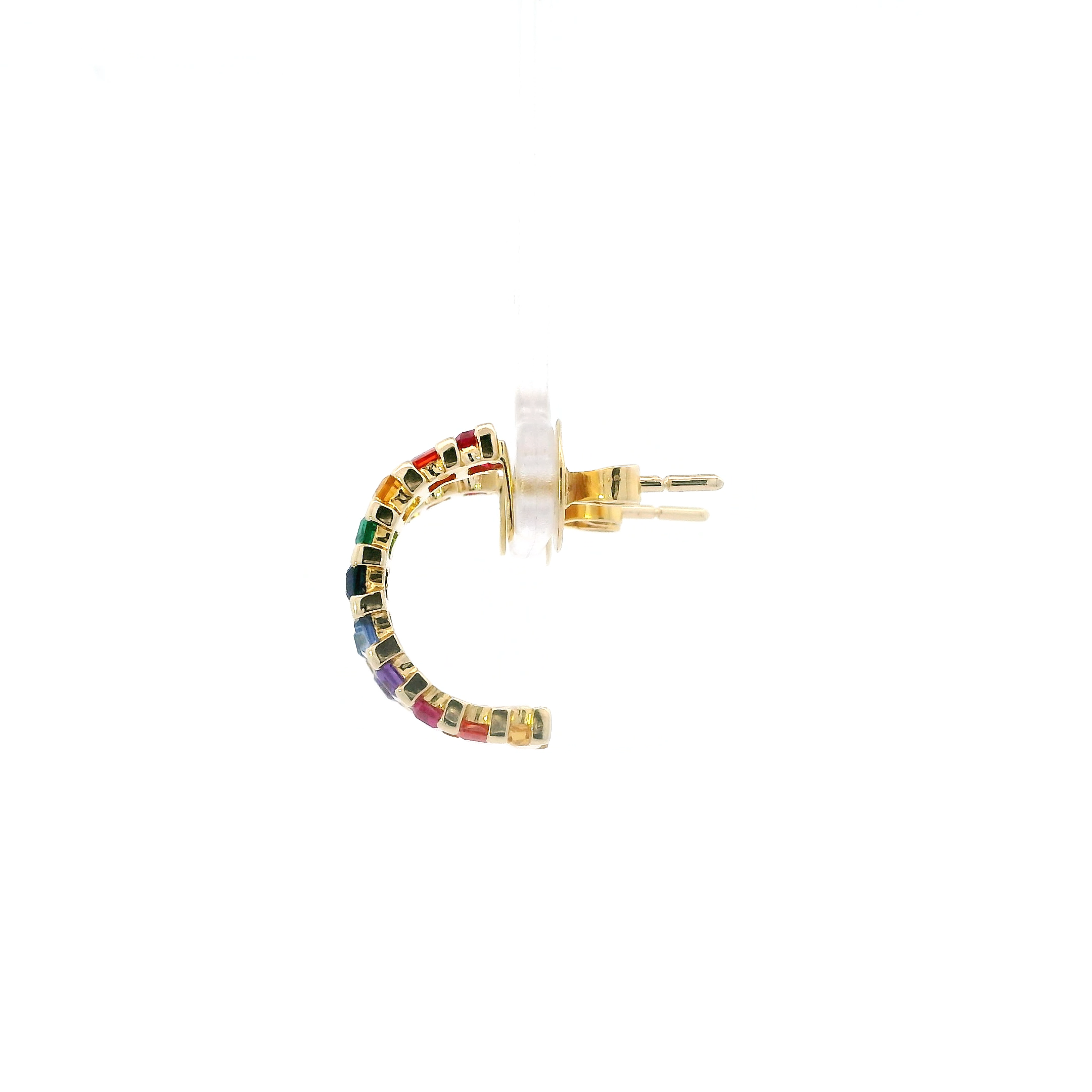 14K Yellow Gold Multi Color Stones Half Hoop Earrings