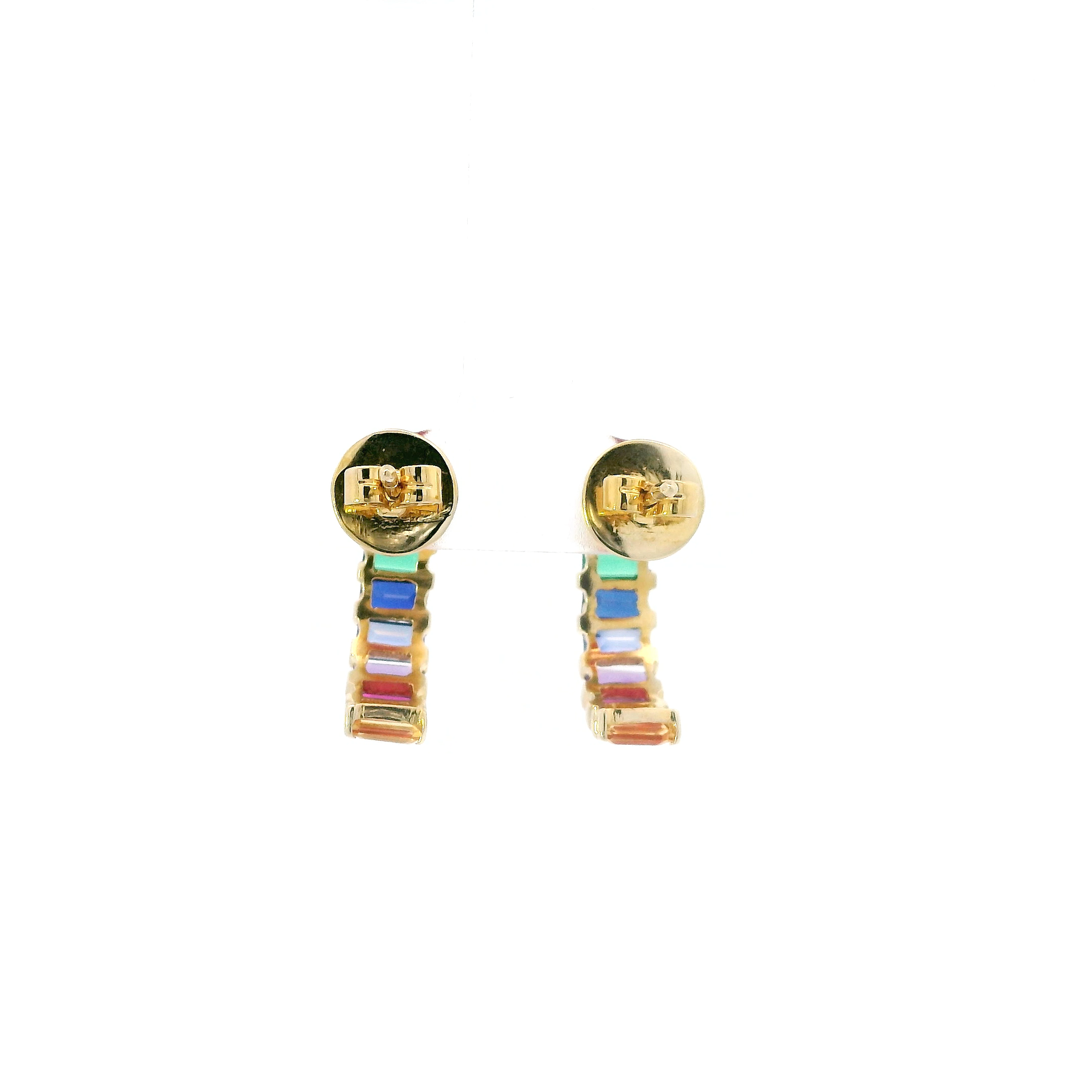 14K Yellow Gold Multi Color Stones Half Hoop Earrings