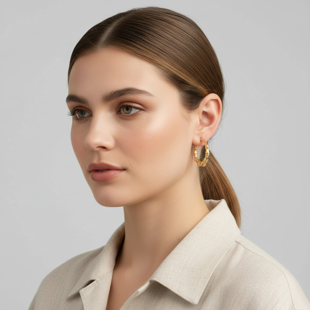 10K Yellow Gold Bamboo Hoop Earrings