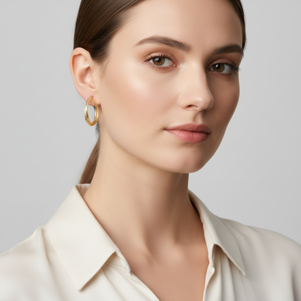 10K Yellow Gold Diamond Cut/ Plain Hoop Earrings