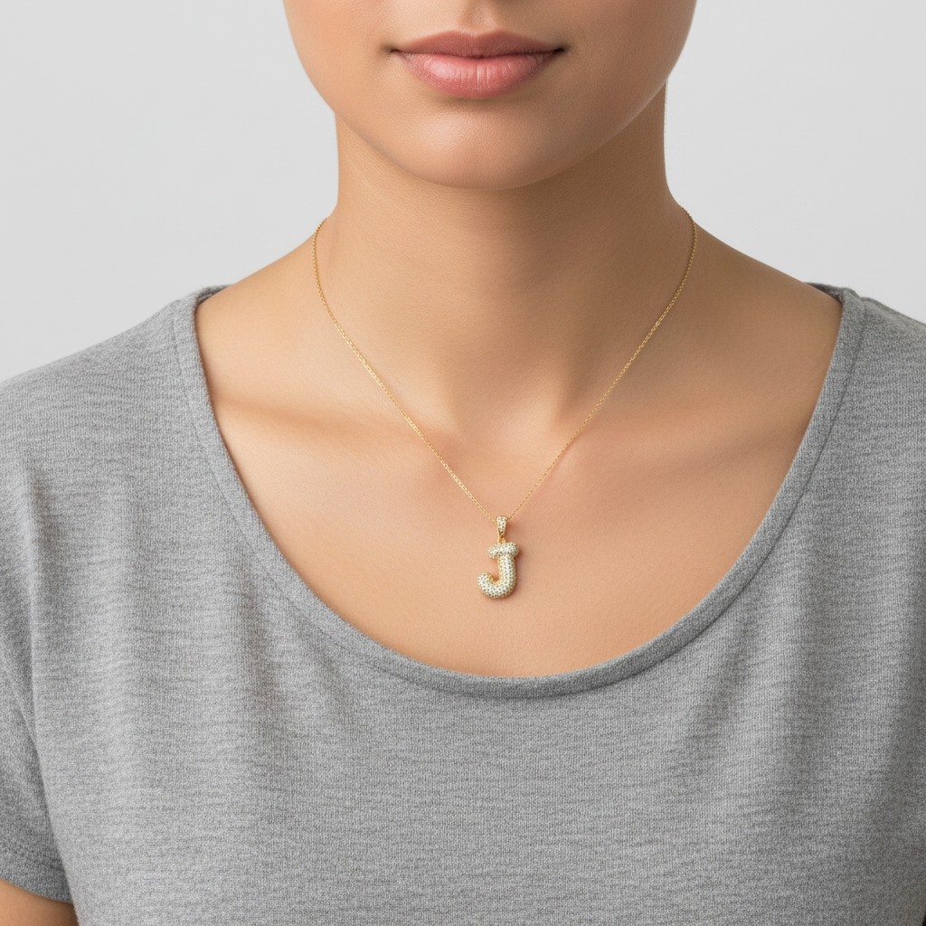 10K Yellow Gold Cz Puff Letter  "J" Pendant
