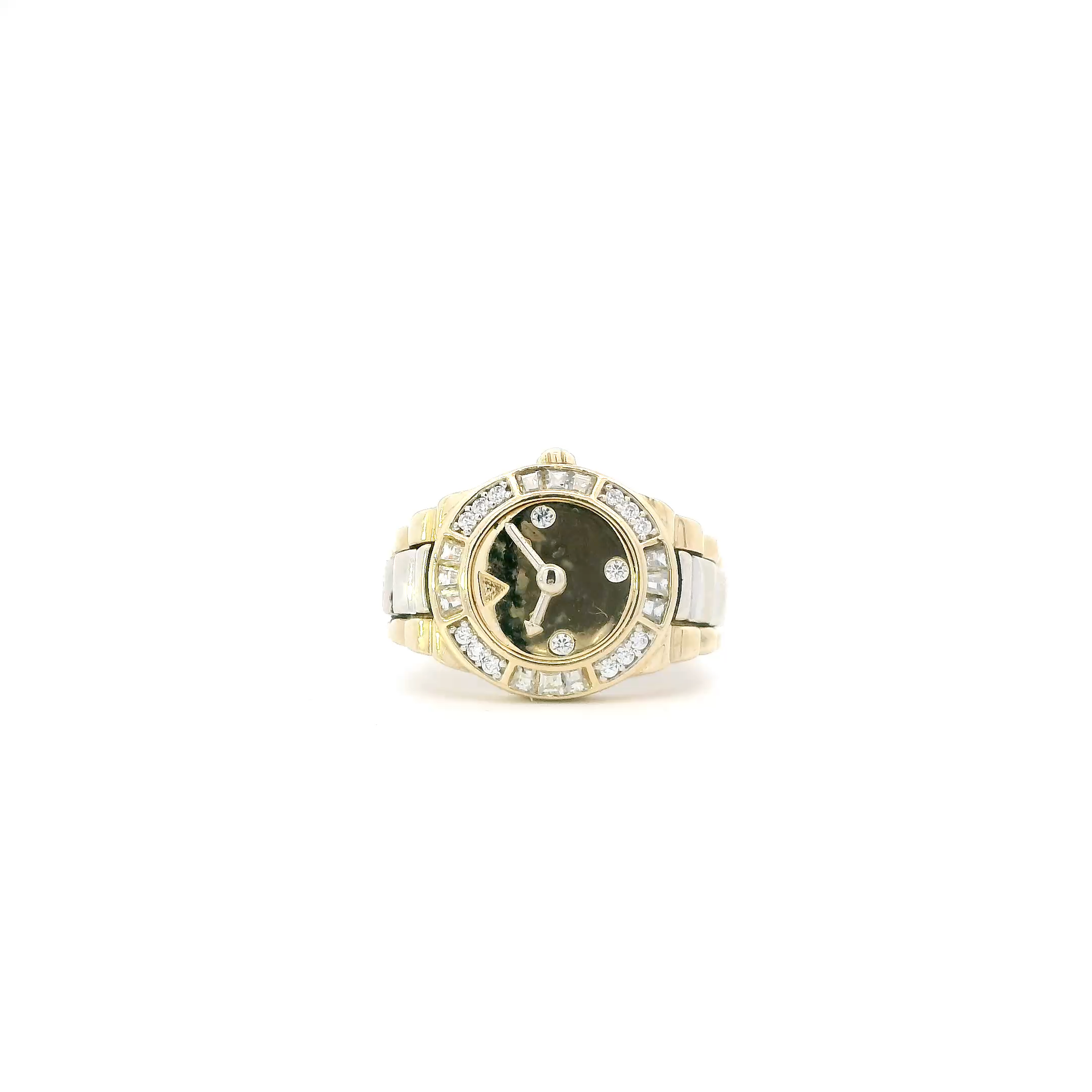14K Yellow & White Gold Rolex Watch Style Cz Mens Ring