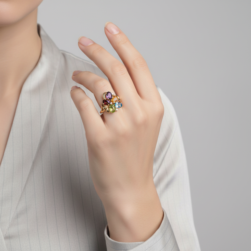 14K Yellow Gold Multi Color Stone Womens Ring