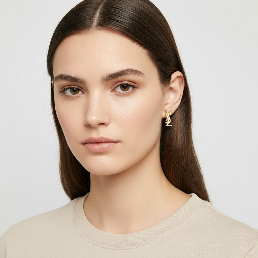 14K Yellow Gold "YSL" Cz Earrings