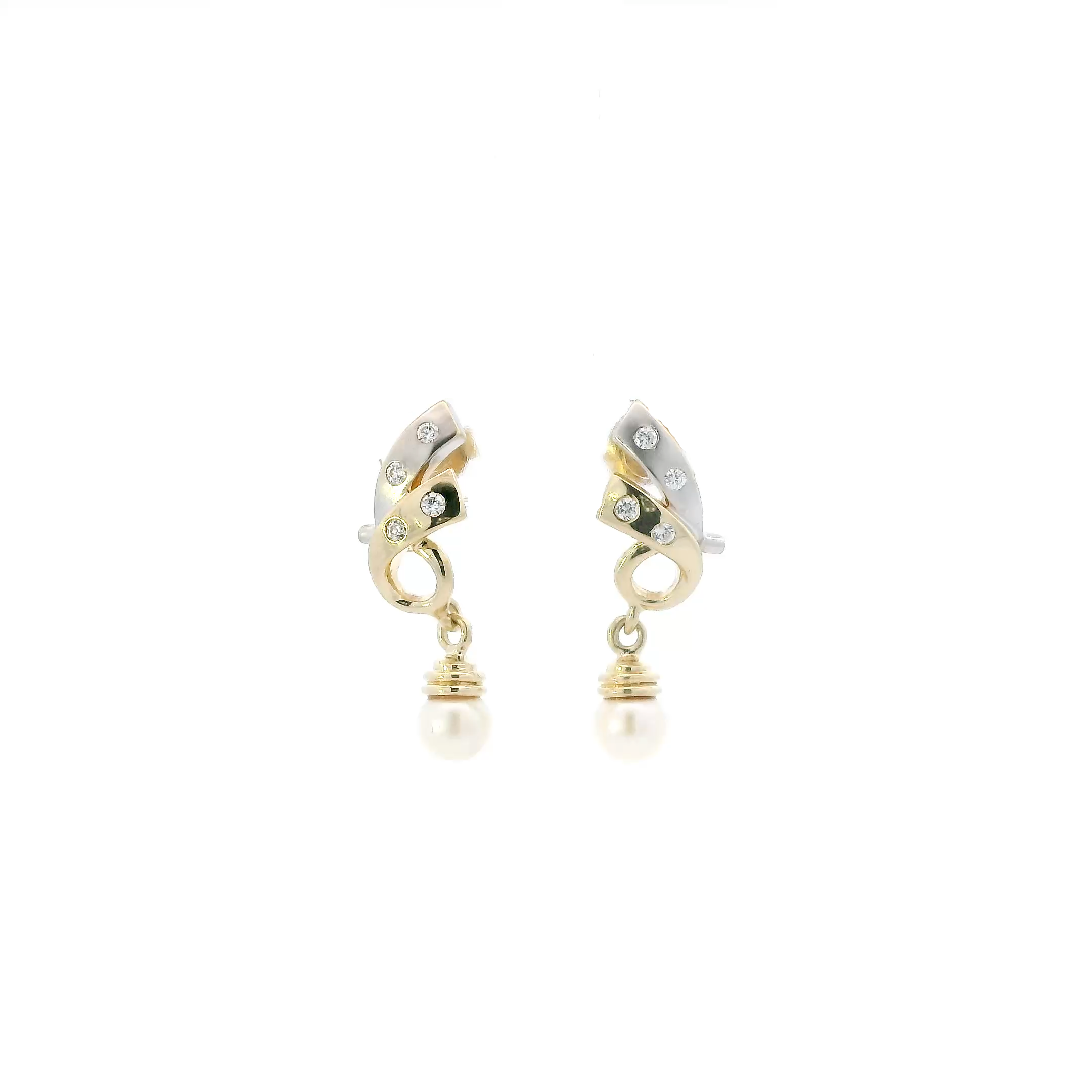 14K Yellow & White Gold Pearl Cz Dangle Earrings