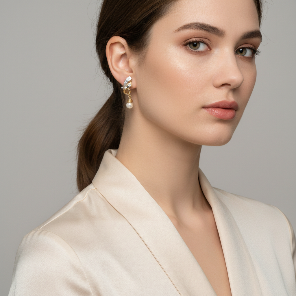 14K Yellow & White Gold Pearl Cz Dangle Earrings