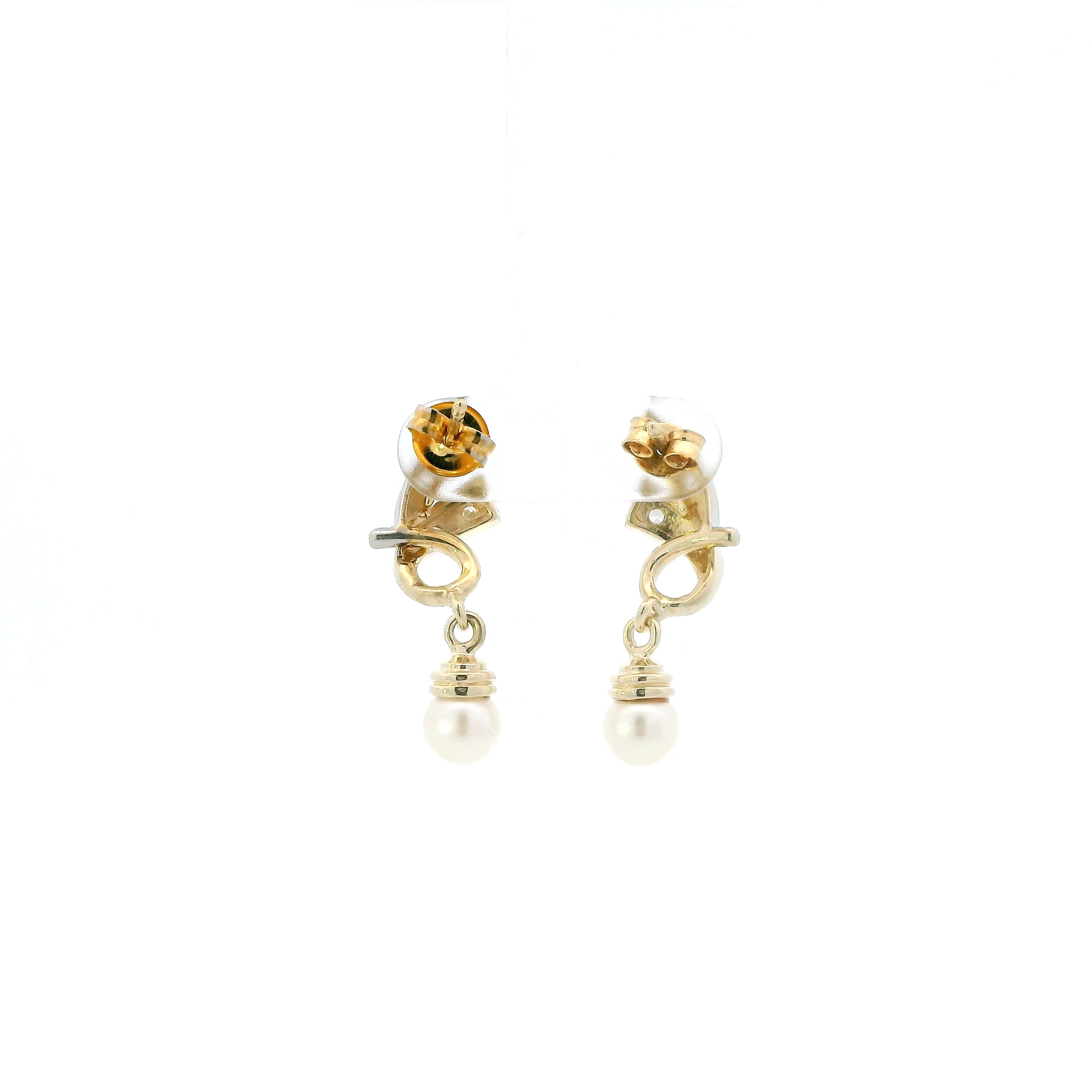 14K Yellow & White Gold Pearl Cz Dangle Earrings
