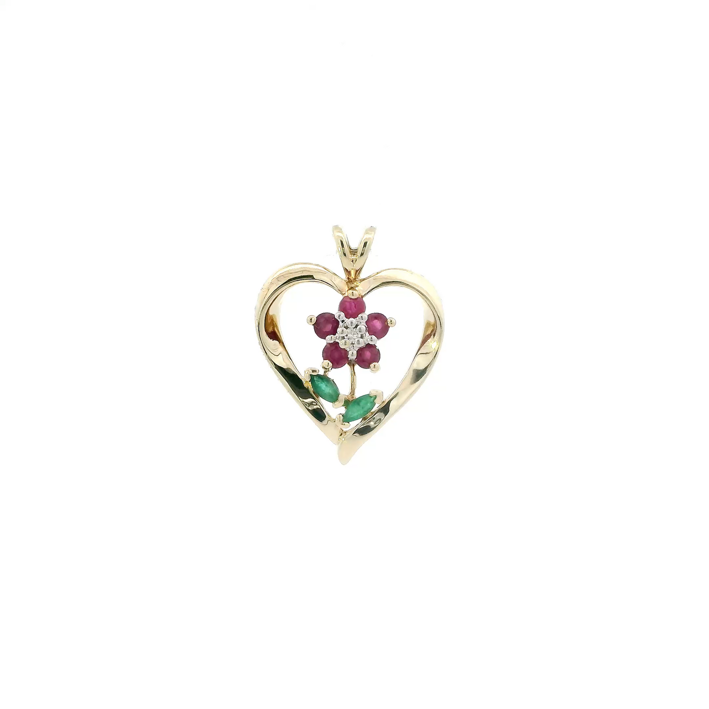 10K Yellow Gold Ruby, Emerald & Diamond Flower & Heart Pendant - 0.01ct