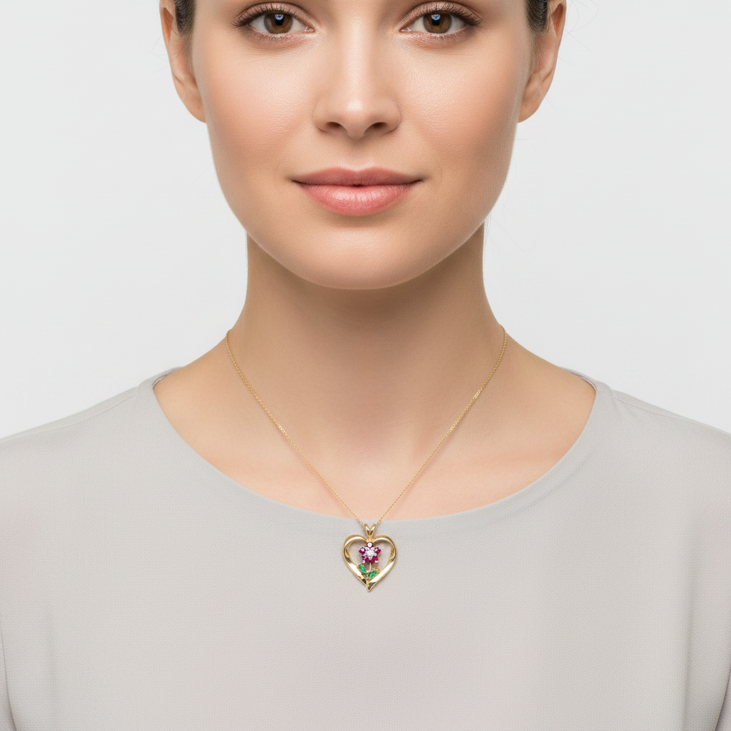 10K Yellow Gold Ruby, Emerald & Diamond Flower & Heart Pendant - 0.01ct