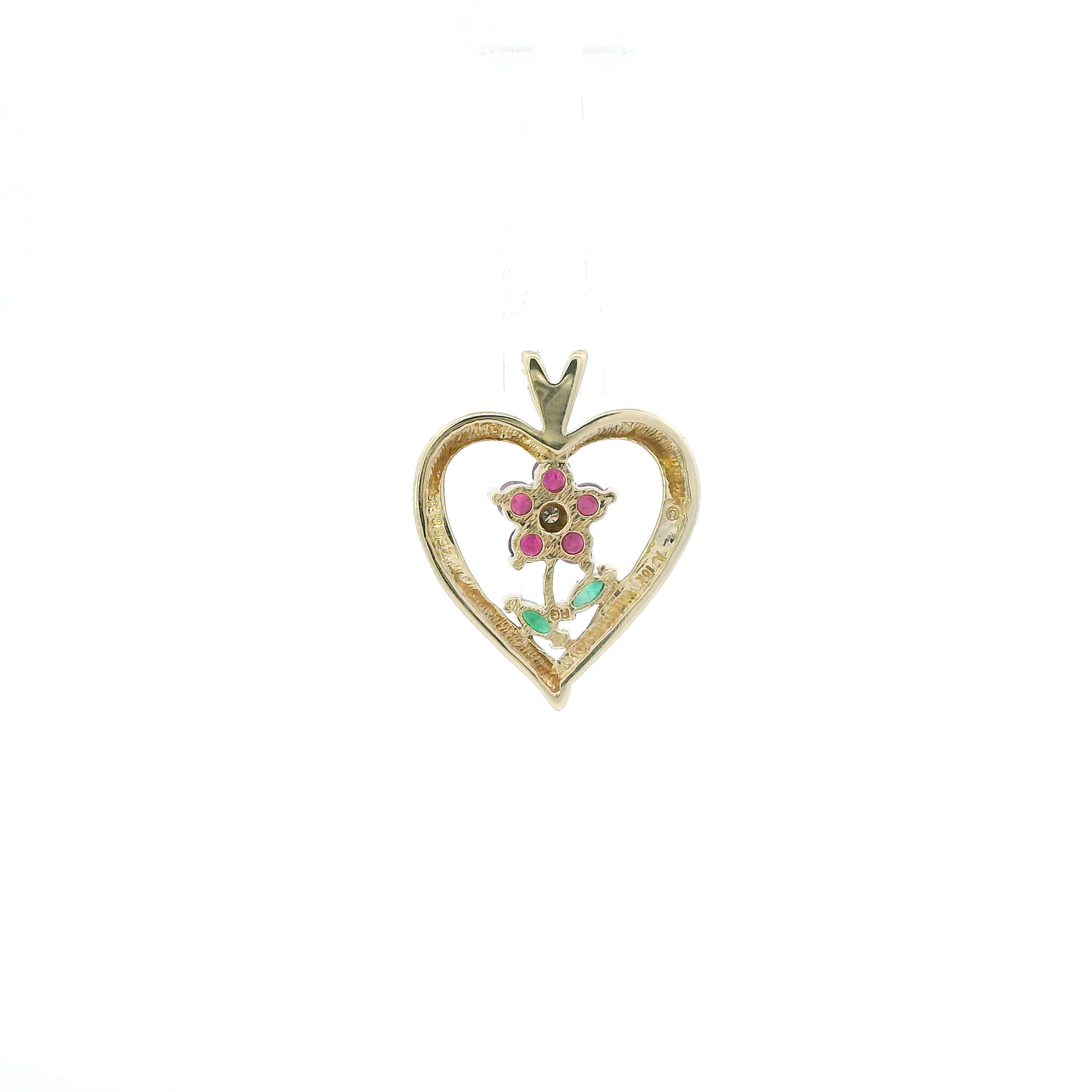 10K Yellow Gold Ruby, Emerald & Diamond Flower & Heart Pendant - 0.01ct