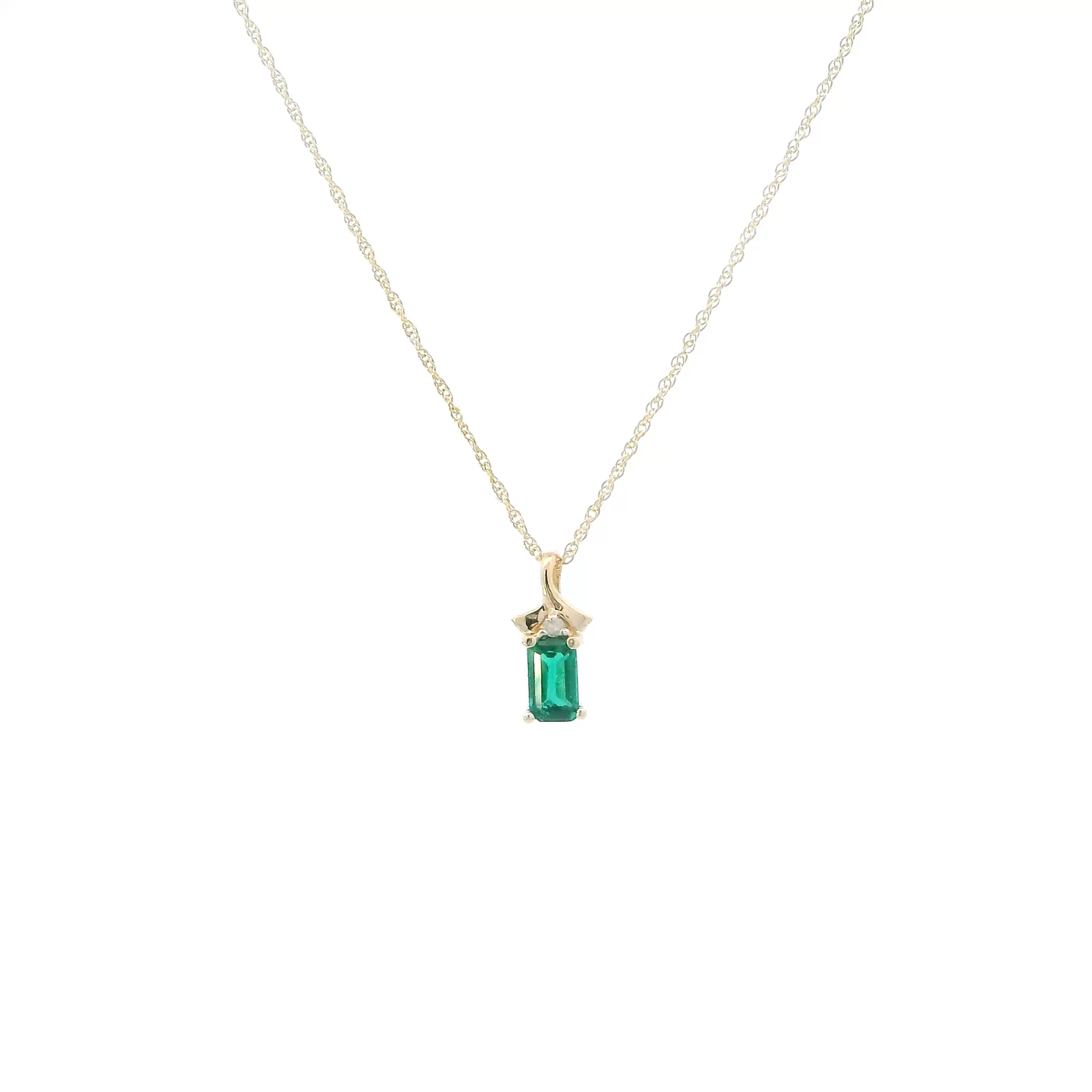 10K Yellow Gold Emerald & Diamond Pendant & 18" Rope Chain - 0.01ct