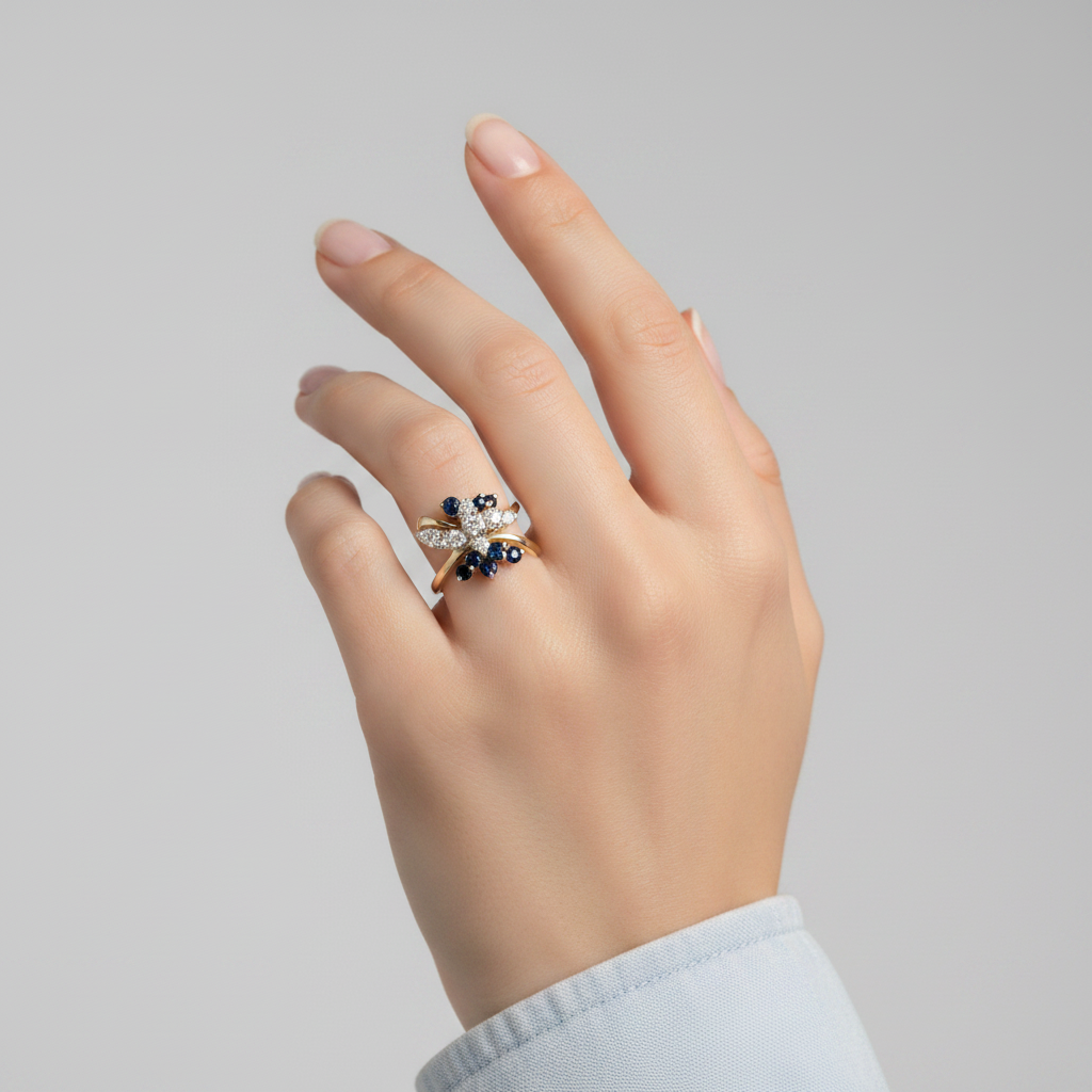 14K Yellow Gold Diamond & Sapphire Womens Ring - 0.32ct