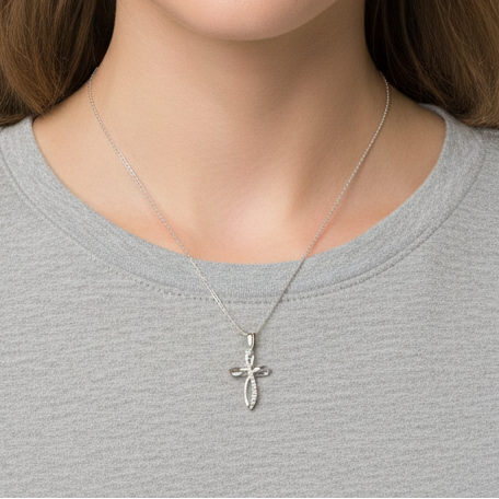 10K White Gold Diamond Cross Pendant - 0.06ct