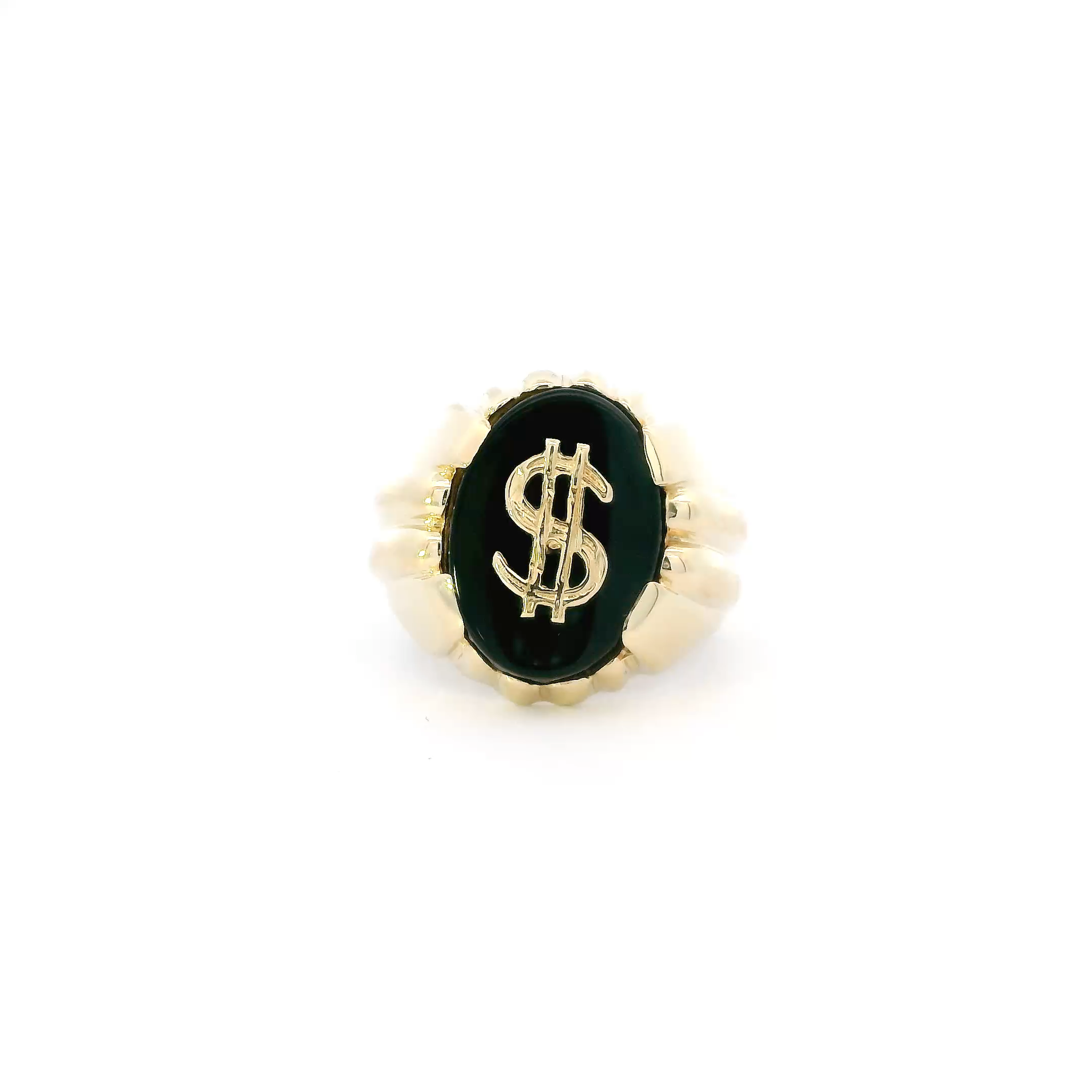 14K Yellow Gold Black Onyx Dollar Sign Mens Ring