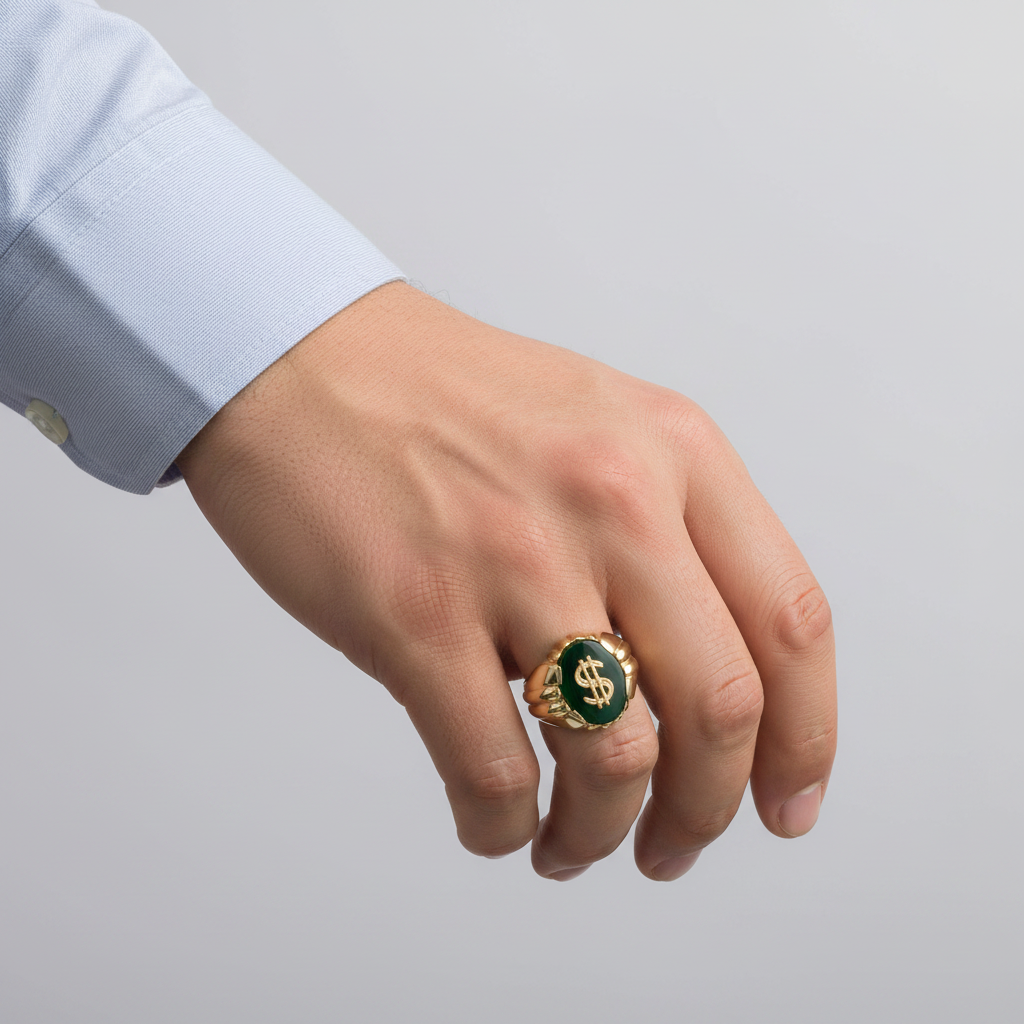 14K Yellow Gold Black Onyx Dollar Sign Mens Ring