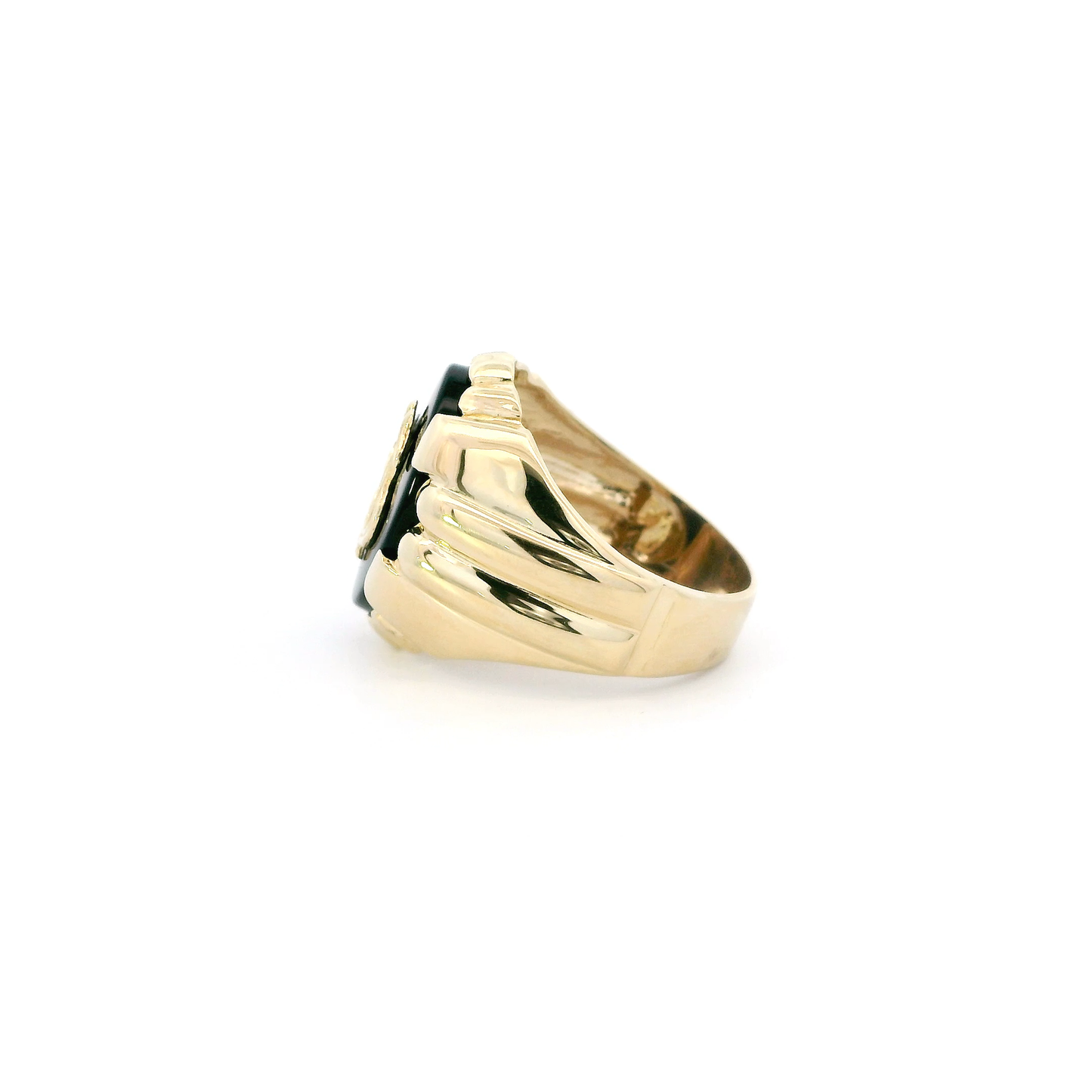 14K Yellow Gold Black Onyx Dollar Sign Mens Ring