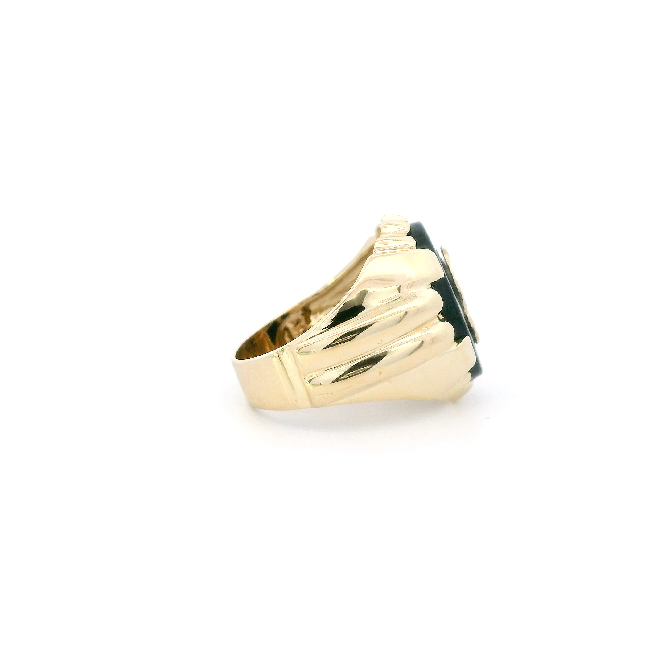 14K Yellow Gold Black Onyx Dollar Sign Mens Ring