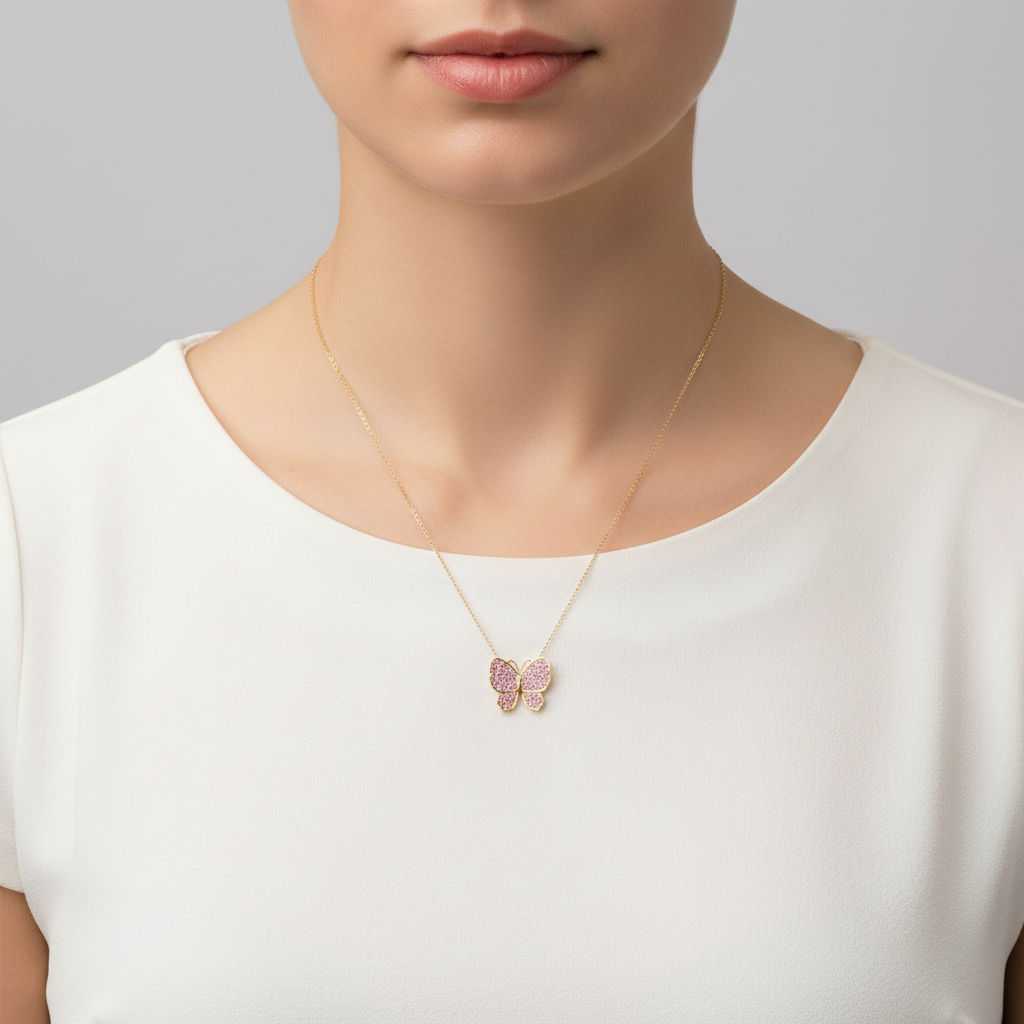 10K Yellow Gold Pink Cz Pave Butterfly Pendant