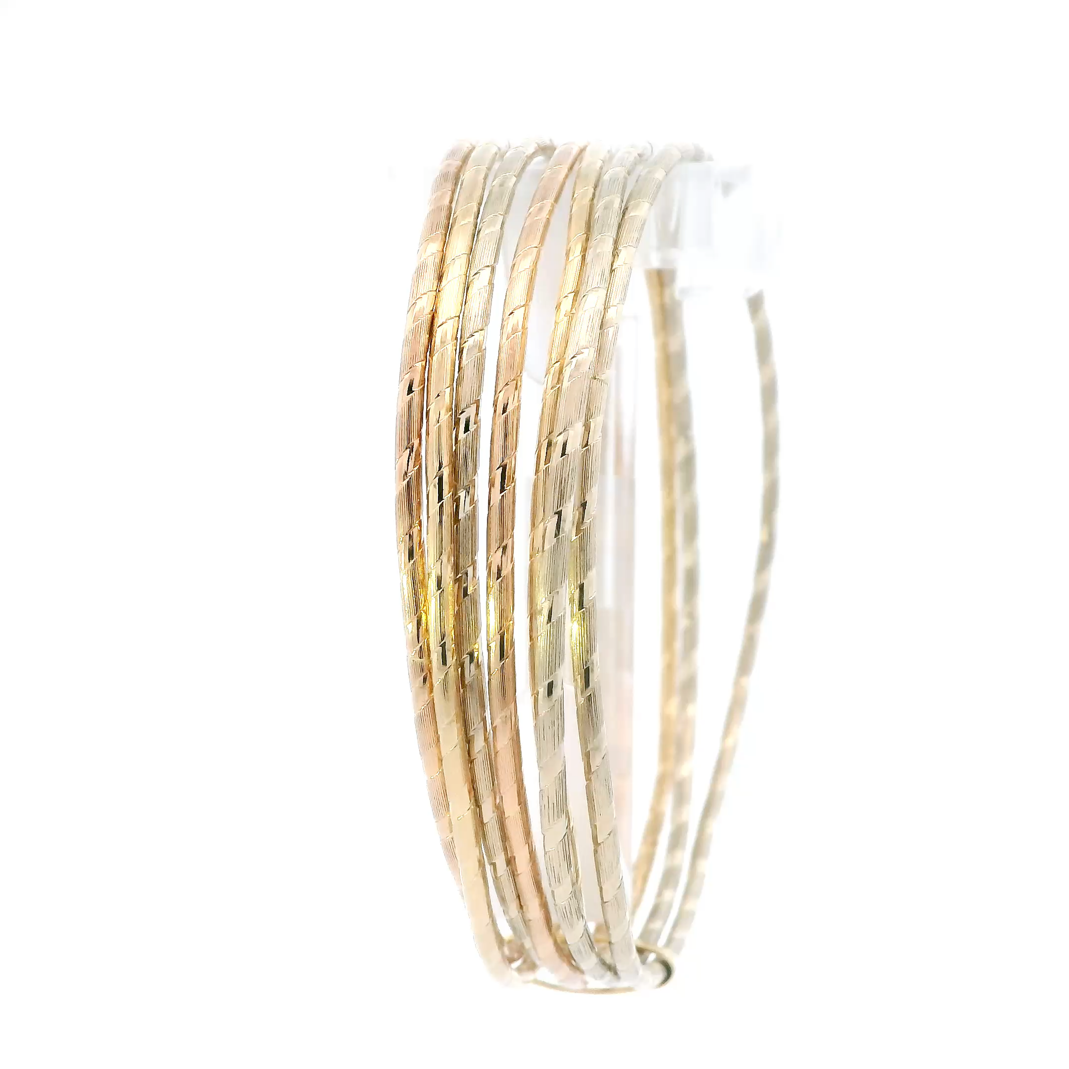 14K Tri Color Gold Diamond Cut Matching Bangle Bracelet Set - With Slight Dent On Them