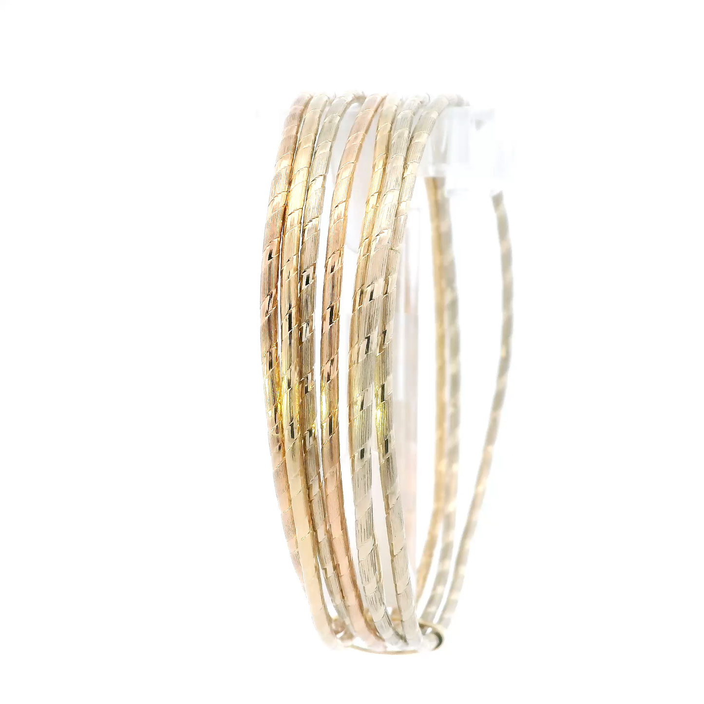 14K Tri Color Gold Diamond Cut Matching Bangle Bracelet Set - With Slight Dent On Them