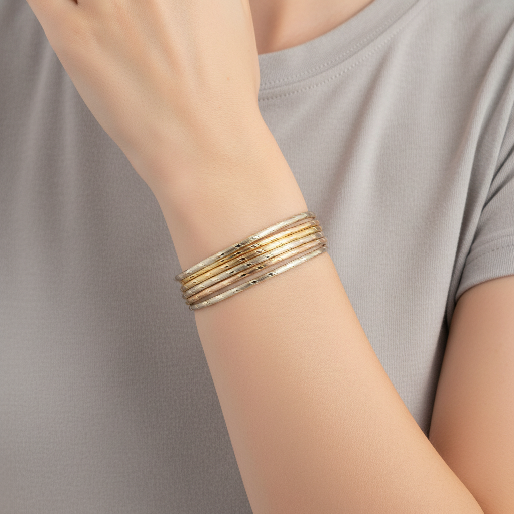 14K Tri Color Gold Diamond Cut Matching Bangle Bracelet Set - With Slight Dent On Them