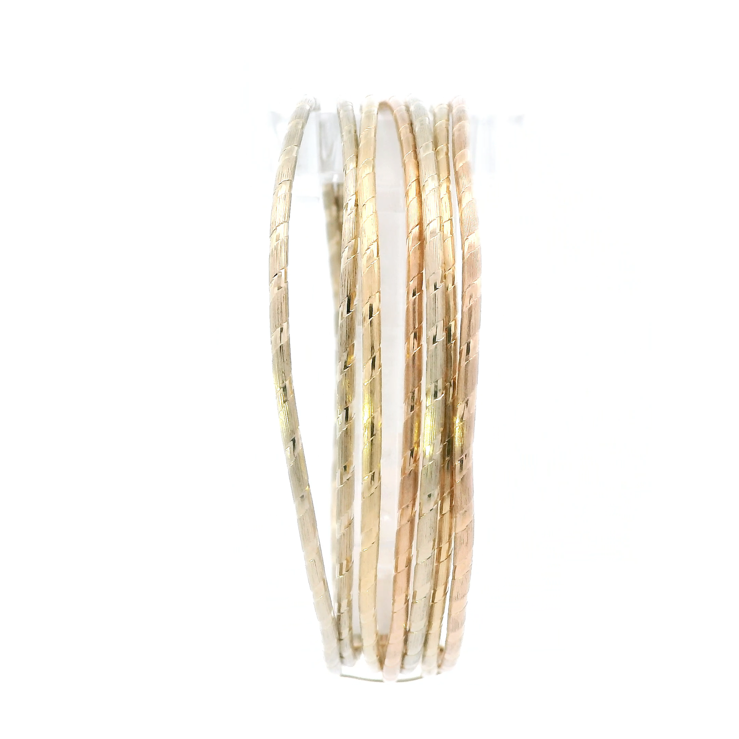14K Tri Color Gold Diamond Cut Matching Bangle Bracelet Set - With Slight Dent On Them