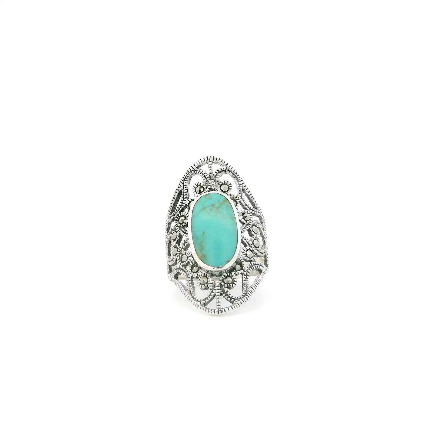 Silver Oval Turquoise Marcasite Womens Ring