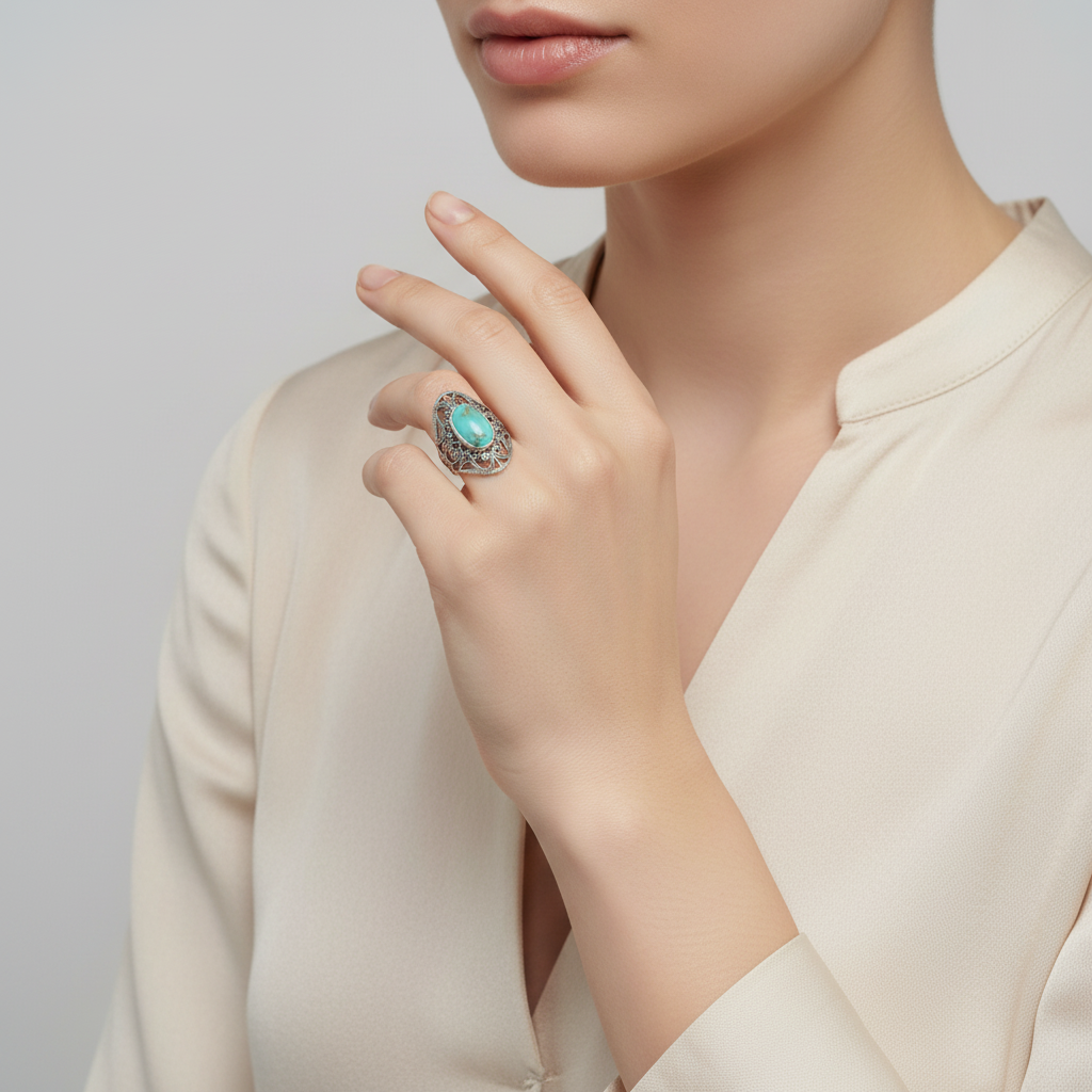 Silver Oval Turquoise Marcasite Womens Ring