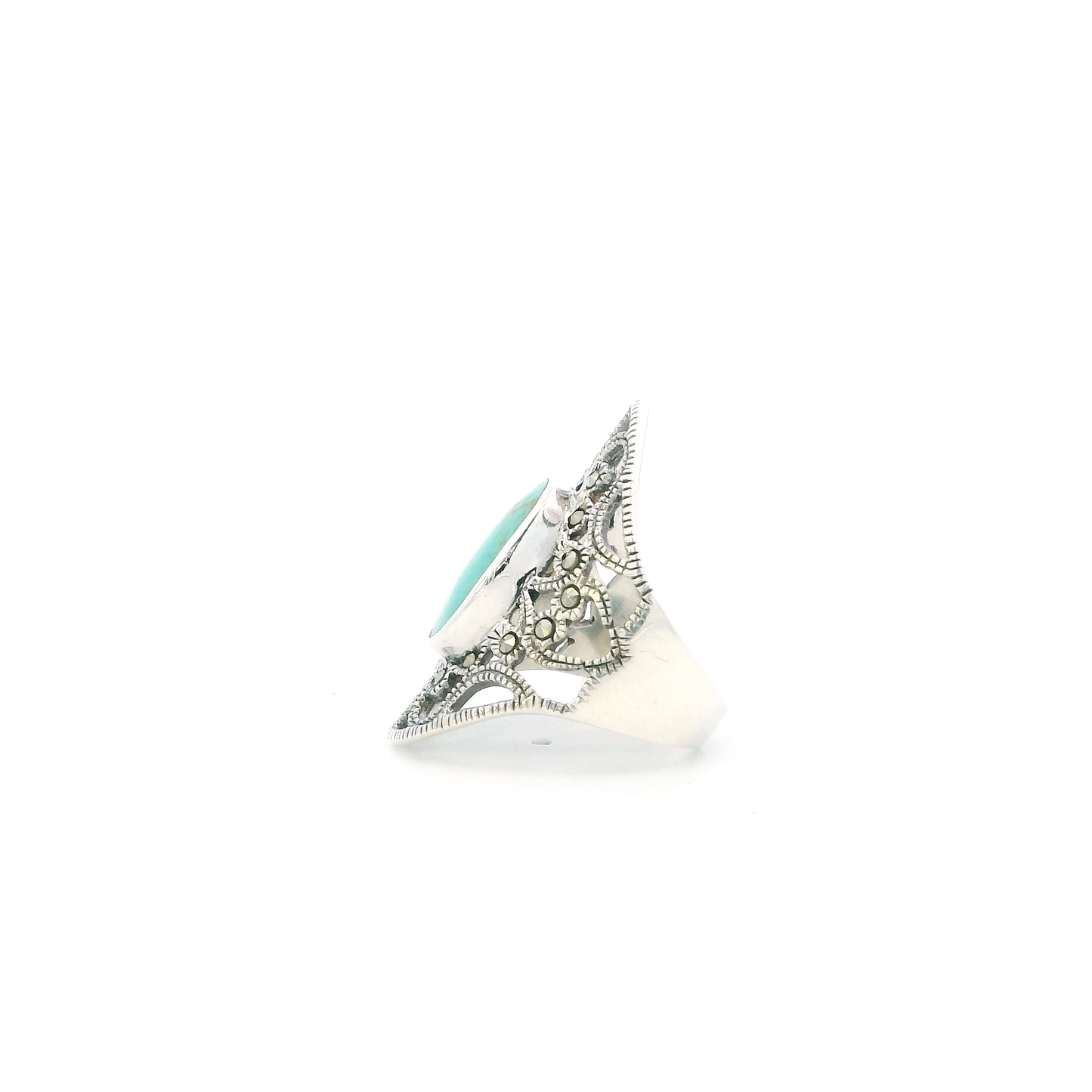 Silver Oval Turquoise Marcasite Womens Ring