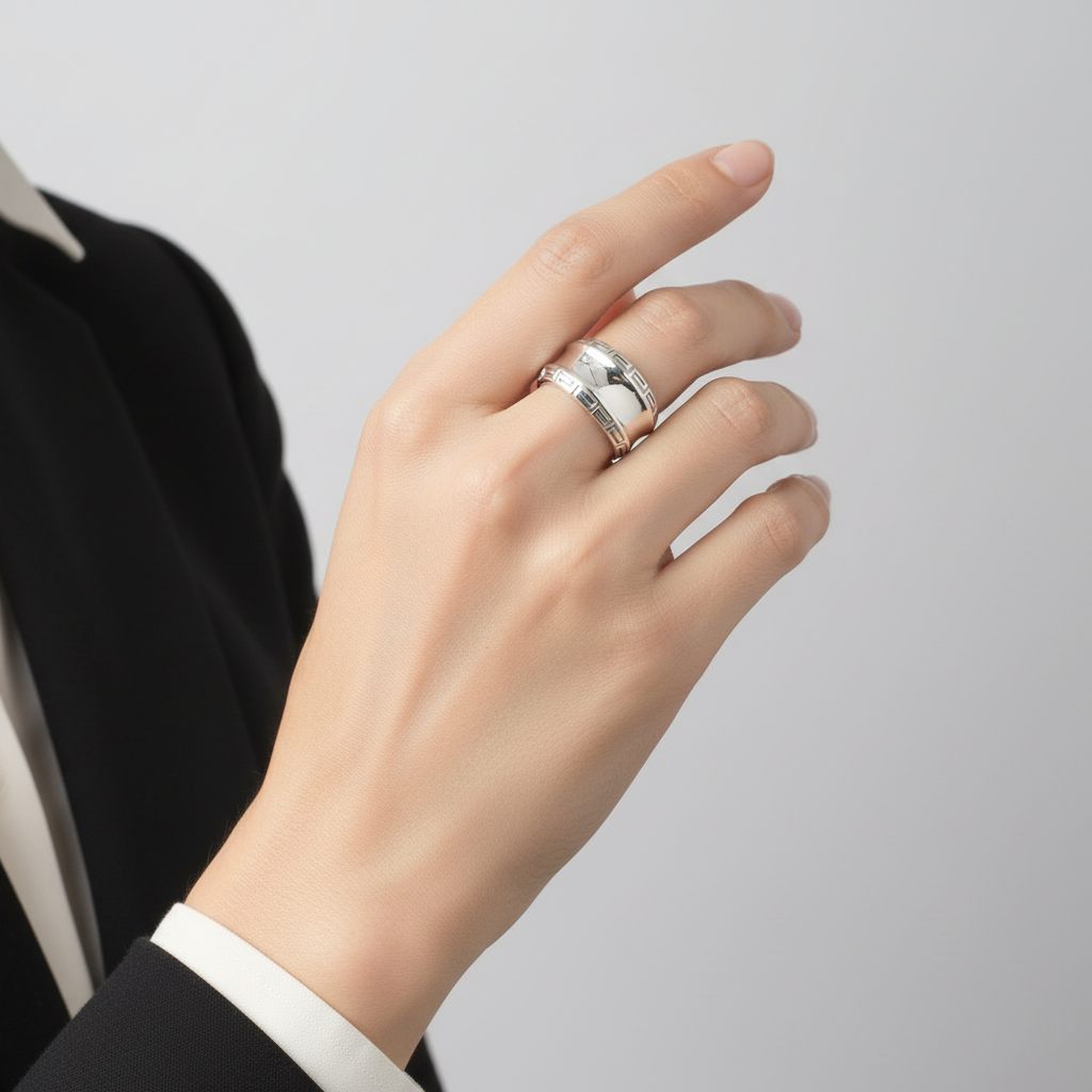 Silver "Kababa" Band With Greek Symbols Womens Ring