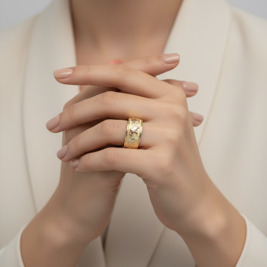 14K Yellow Gold Diamond Cut Claddagh Womens Ring