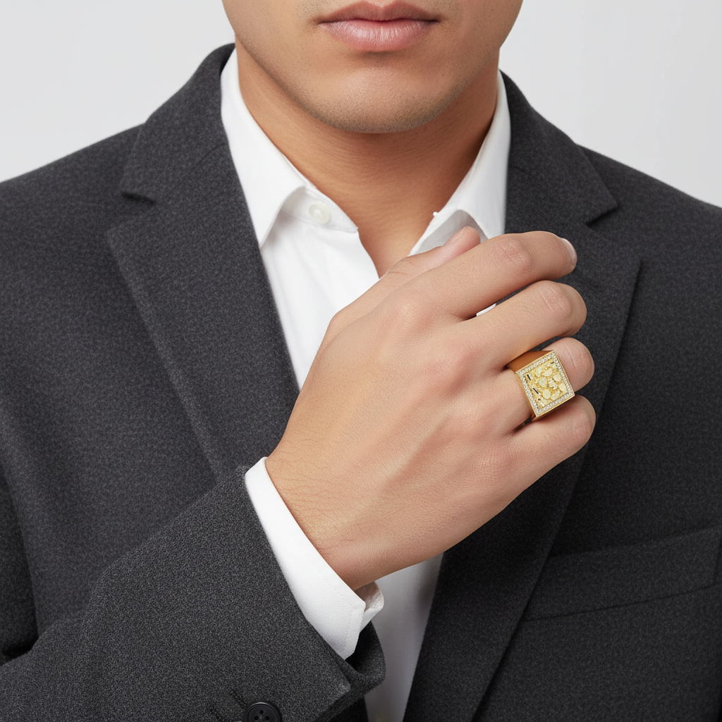 10K Yellow Gold Square Nugget Mens Ring
