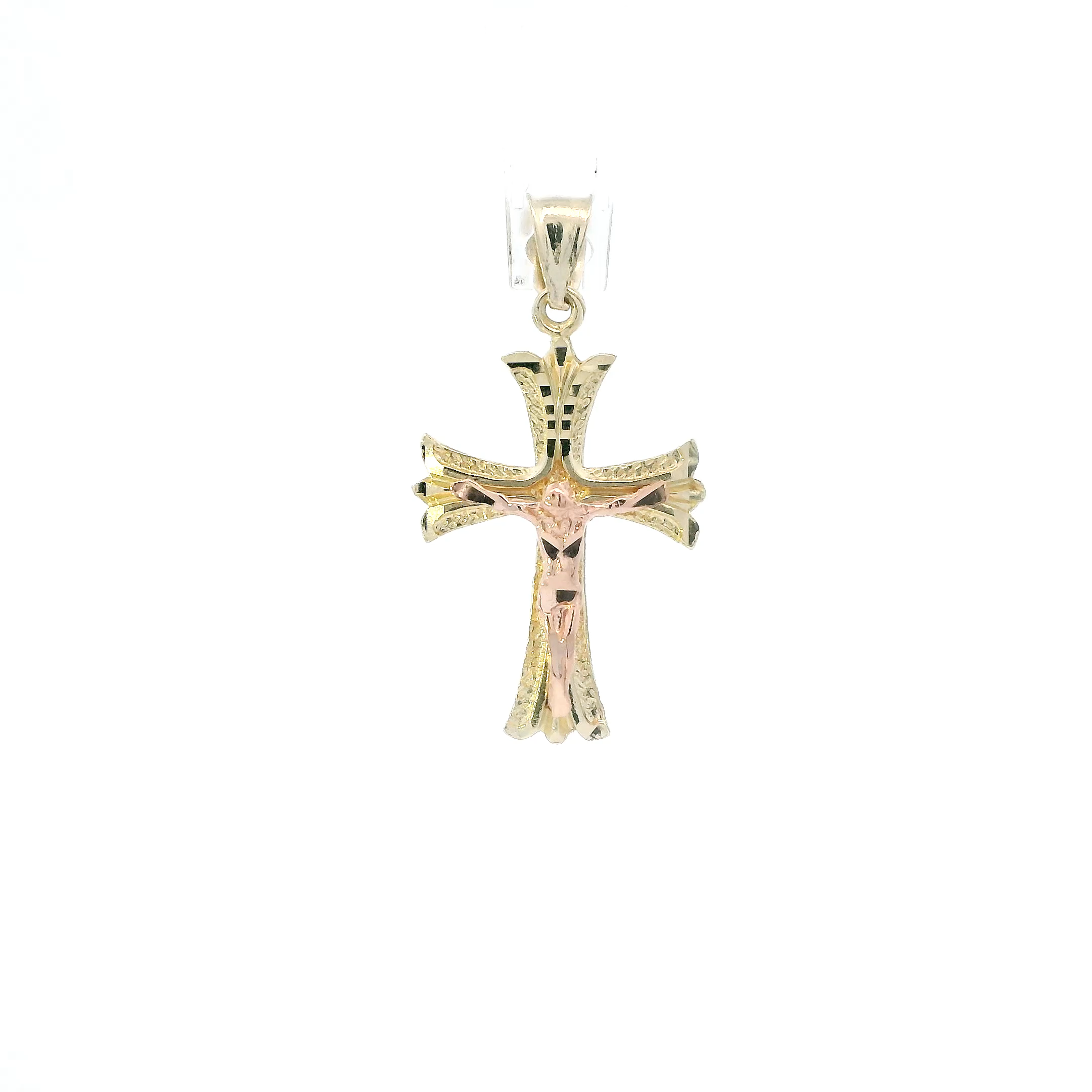 14K Yellow & Rose Gold Diamond Cut Religious Cross Pendant
