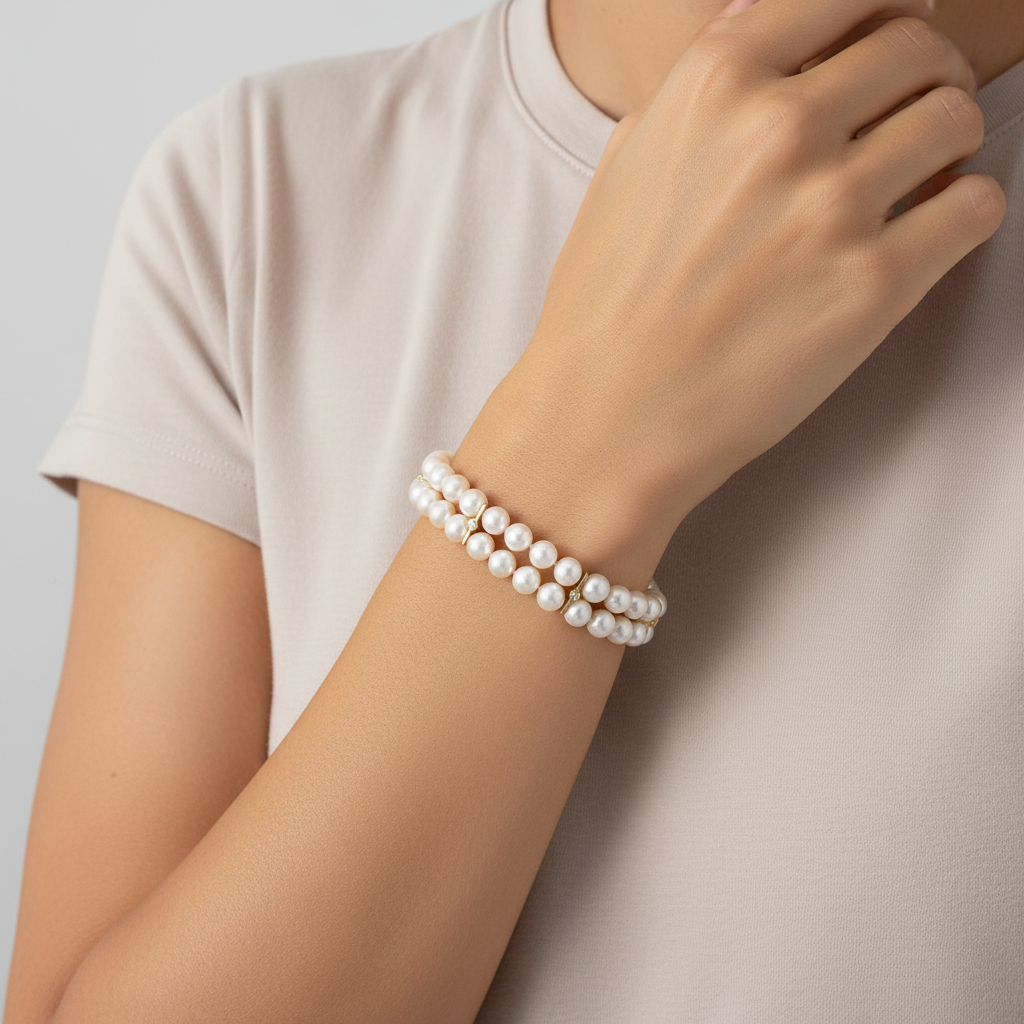 14K Yellow Gold Pearl & Diamond Bezel Set Bracelet - 0.21ct