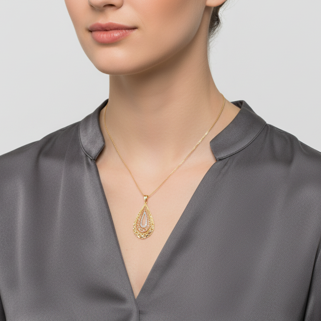 14K Tri Color Gold Filigree Pear Pendant