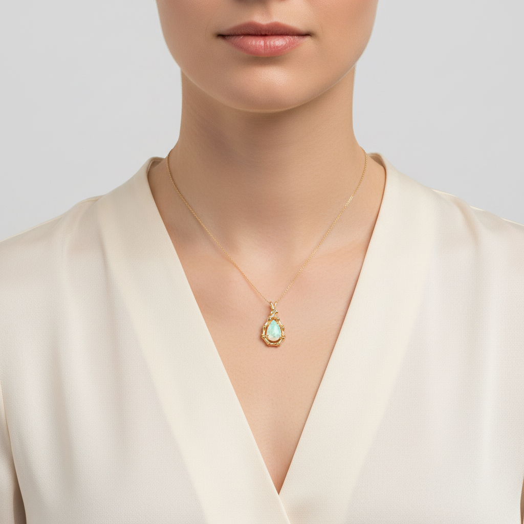 14K Yellow Gold Pear Opal Bamboo Pendant