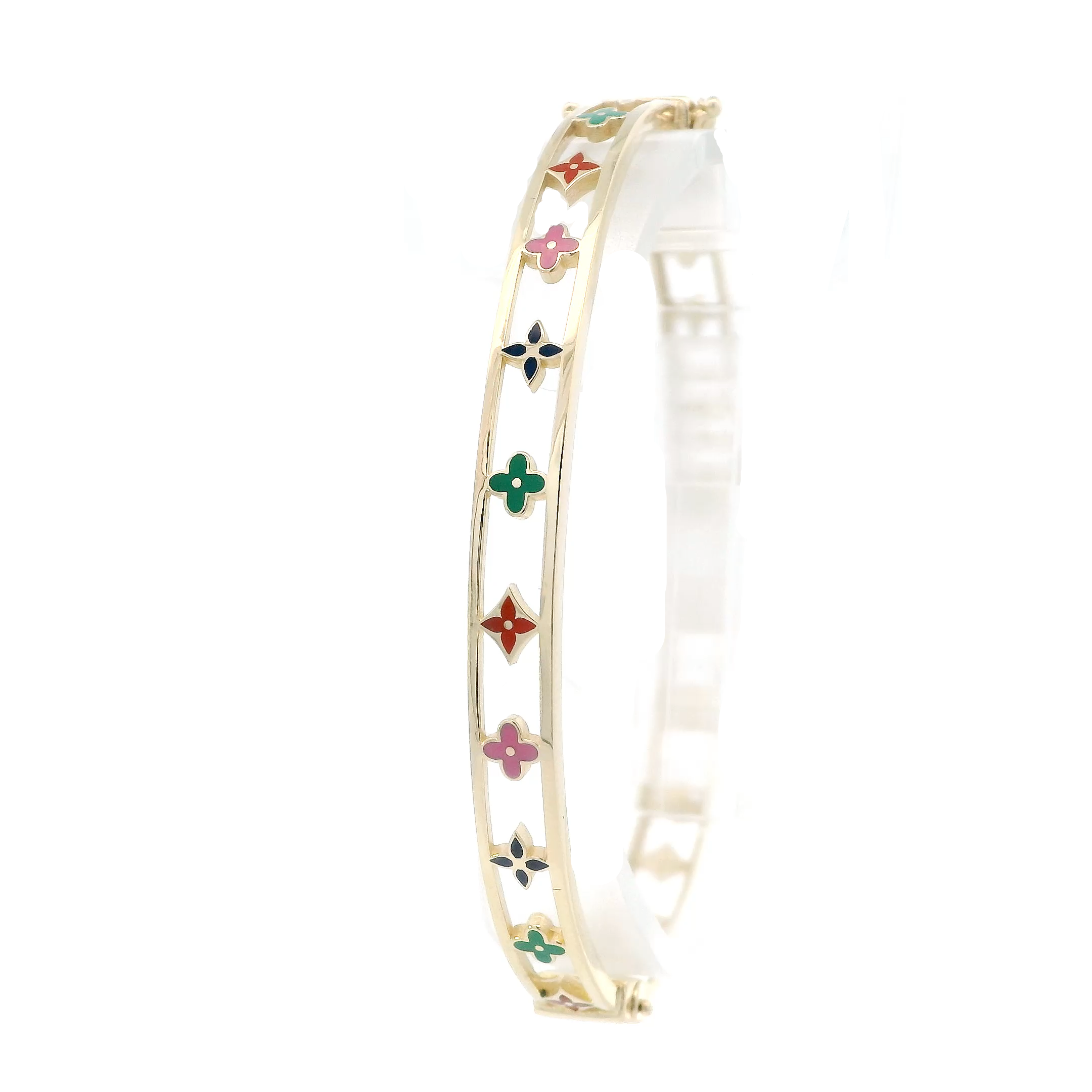 14K Yellow Gold Floral Multi Color Enamel Bangle Bracelet