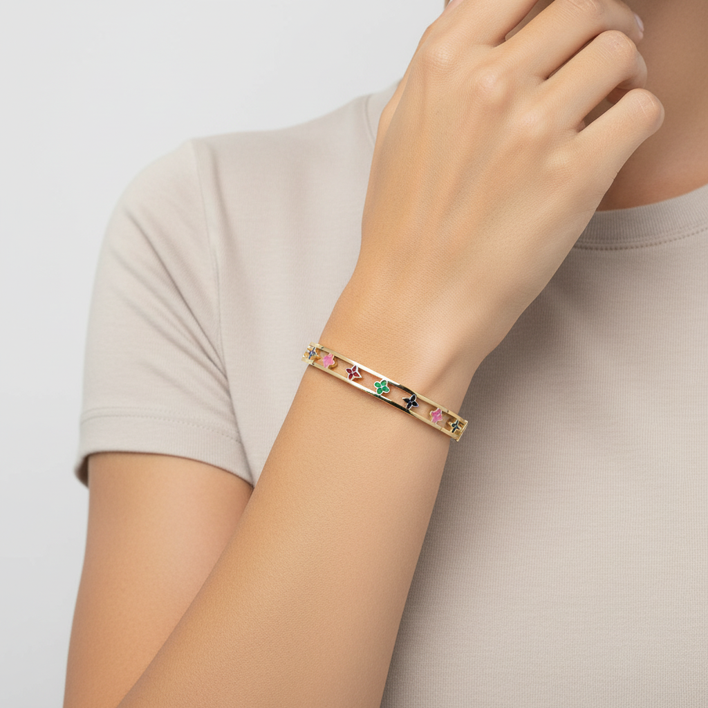 14K Yellow Gold Floral Multi Color Enamel Bangle Bracelet