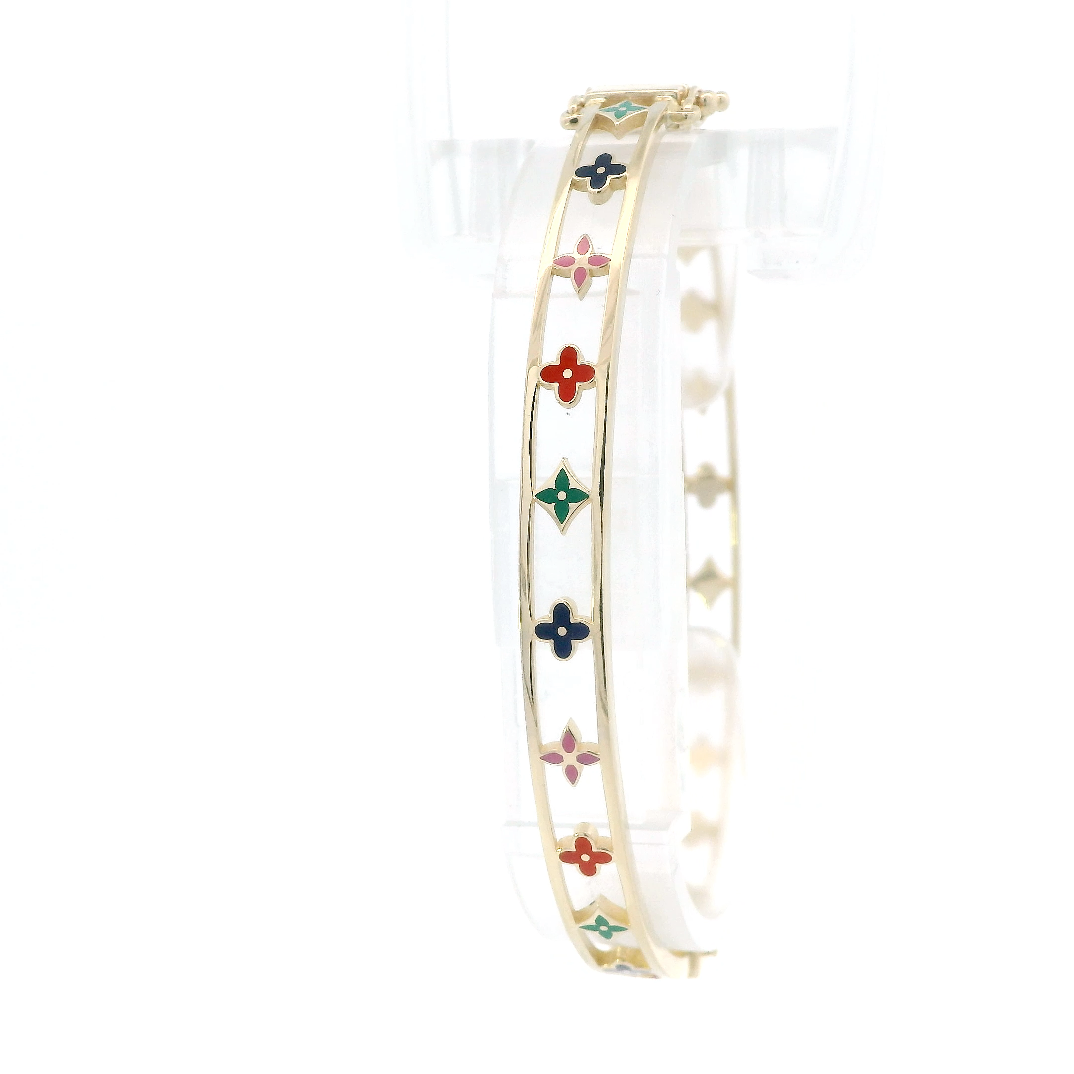 14K Yellow Gold Floral Multi Color Enamel Bangle Bracelet