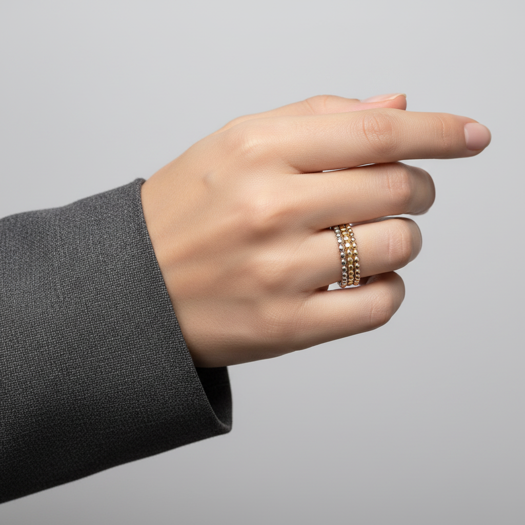 18K Tri Color Gold Triple Layered Beaded Womens Ring