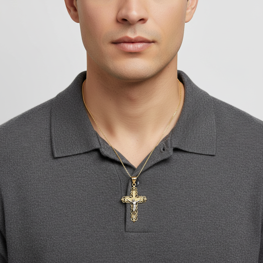14K Yellow & White Gold Religious Crucifix Pendant